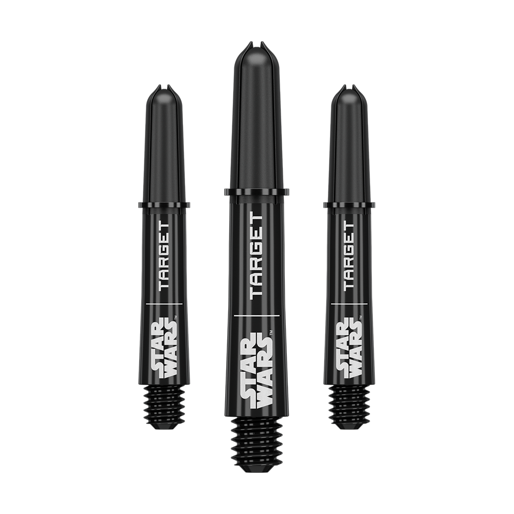 Target Star Wars ProGrip Shafts - Zwart Abgebildet ist das Produkt mit dem Dateinamen 380420_Target_StarWars_ProGrip_Shafts_Schwarz_Short_34mm_1Set. Vermutlich handelt es sich um schwarze ProGrip Shafts für Darts, Modell Star Wars, in kurzer Ausführung.