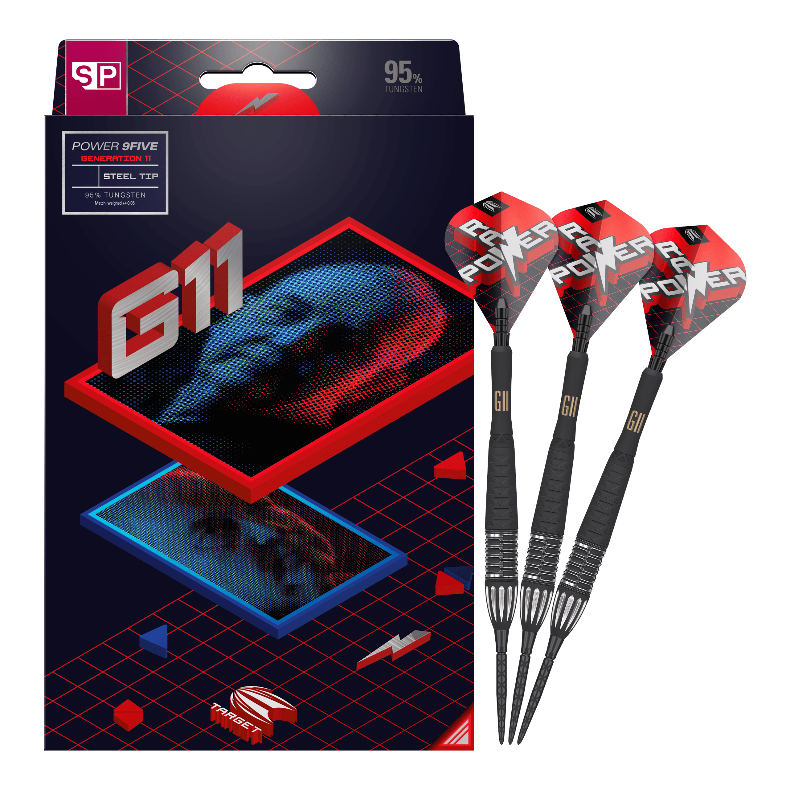 Auf dem Bild ist eine Verpackung für Steeldarts der Marke Target zu sehen, zusammen mit drei Darts. Die Verpackung trägt die Aufschrift „G11“ und „95 % Tungsten“ und zeigt ein modernes, grafisches Design.