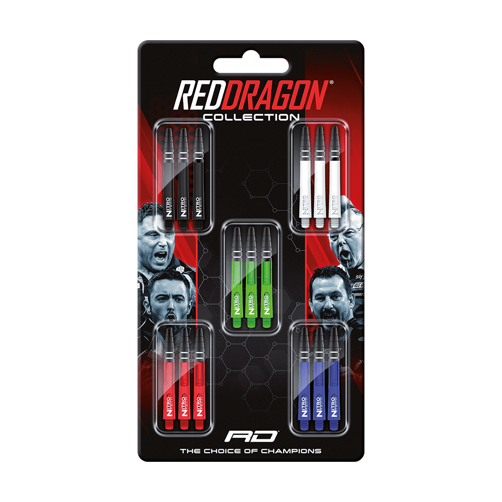 X0802_Red_Dragon_Nitrotech_Shaft_Card_Medium_1 Das Bild zeigt eine Verpackung mit mehreren Sätzen von Dart-Schäften namens "Red Dragon Nitrotech Shaft Card Medium" in verschiedenen Farben. Auf der Verpackung sind auch Porträts von Dartspielern und das Logo "Red Dragon Collection" zu sehen.