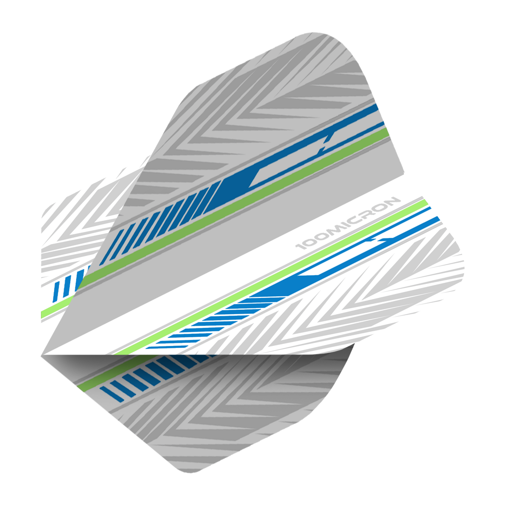 Pentathlon Flights wit/blauw/groen Mehrere Pentathlon Flights weiß/ blau/ farbig sind zusammen gezeigt. Die Ecken und Farbflächen sind deutlich sichtbar.
