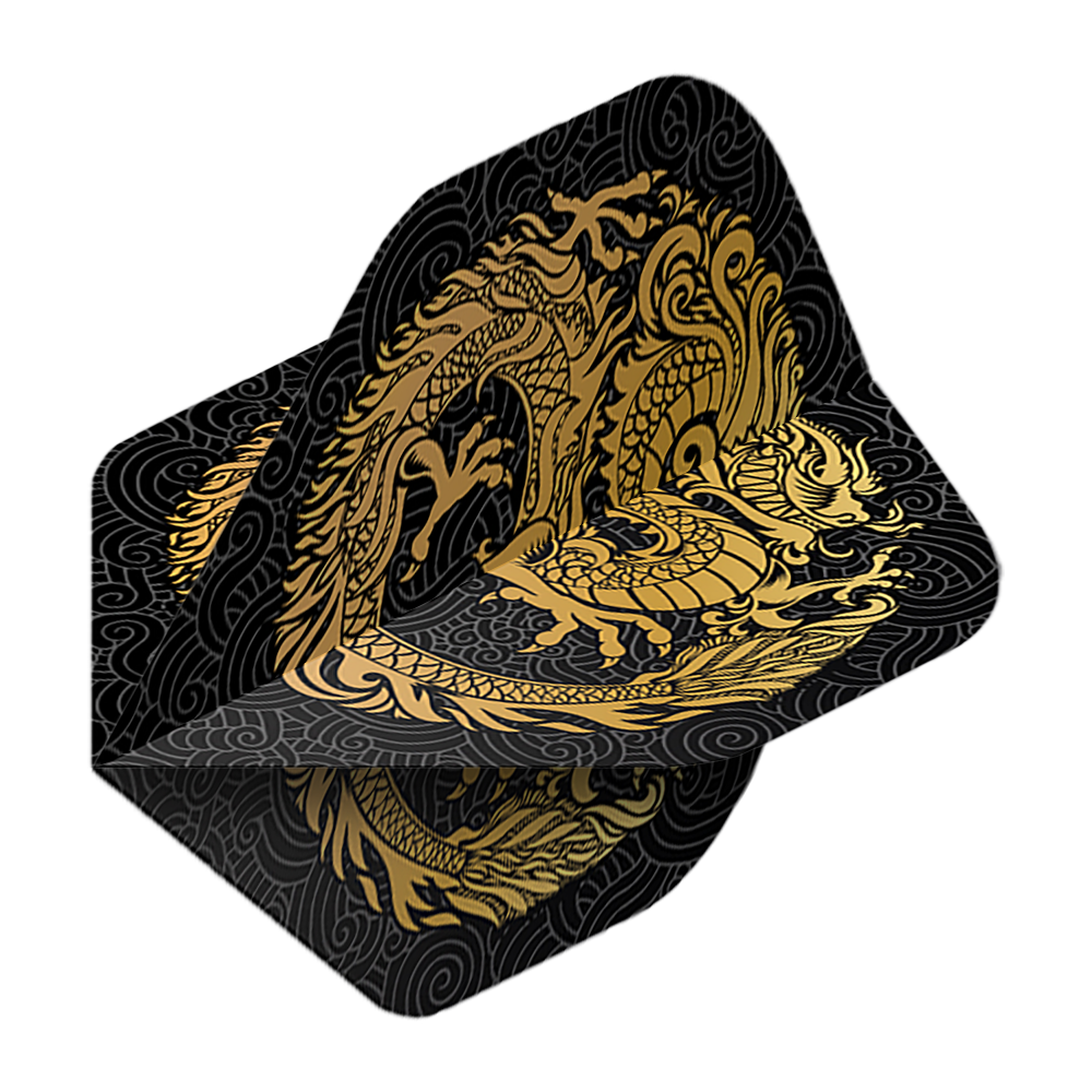 Pentathlon Vluchten Draak zwart Auf dem Bild ist ein Pentathlon Dragon 2 Standard Flight zu sehen. Das Flight ist schwarz und mit einem goldenen Drachen verziert.