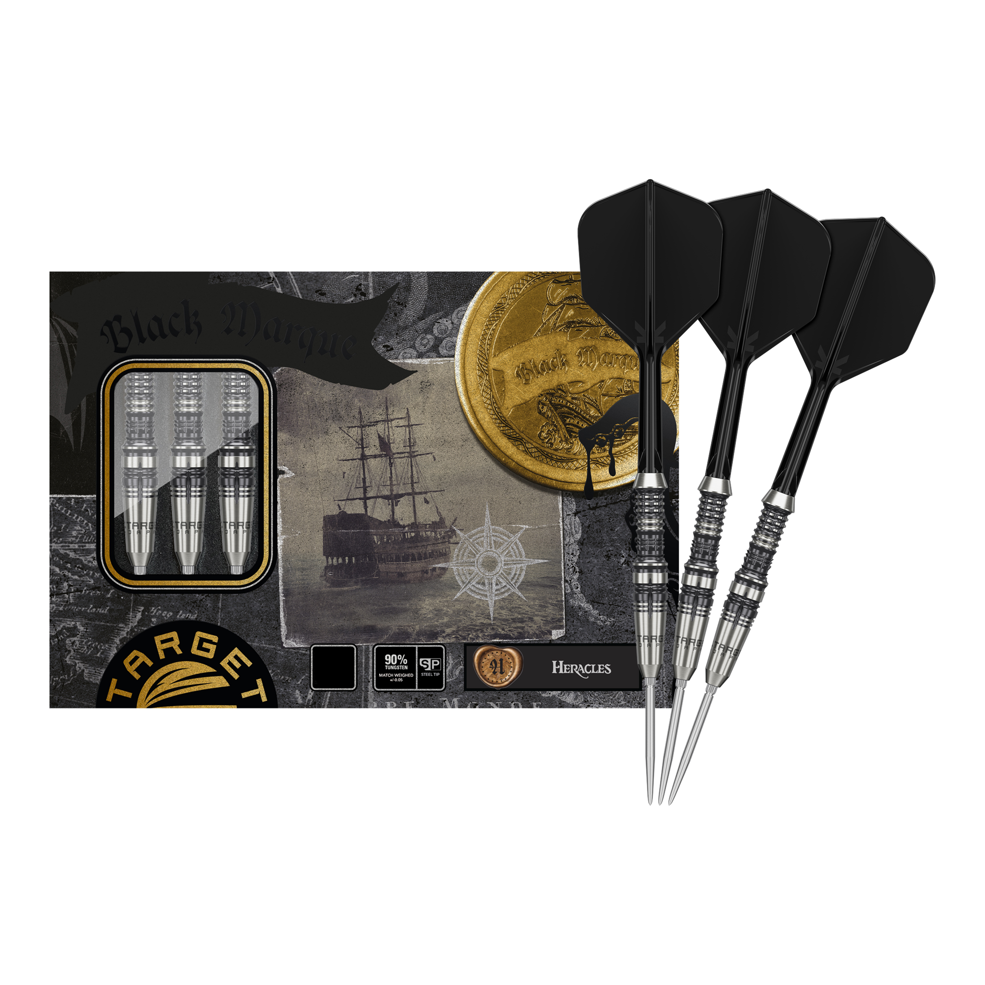 Target Japan Zwart Merk Heracles Steeldarts Das Bild zeigt die Target Japan Black Marque Heracles Steeldarts zusammen mit ihrer Verpackung. Drei silberne Darts mit schwarzen Flights liegen rechts neben einer stilvoll gestalteten Box.