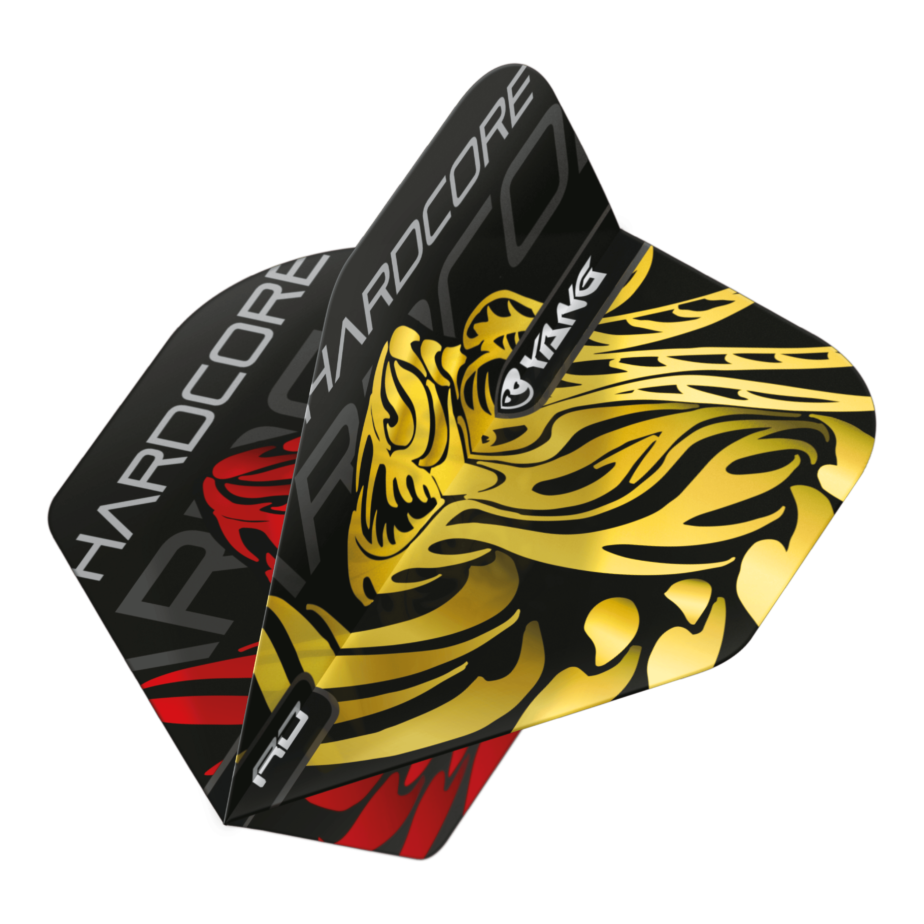 Red Dragon Jonny Clayton Goud Rode Yin Yang Standaardvluchten Das Bild zeigt die Red Dragon Jonny Clayton Gold Red Yin Yang Standard Flights mit einem auffälligen goldenen und roten Design. Die Flights haben ein Hardcore-Branding und einen stilisierten Yin-Yang-Druck.