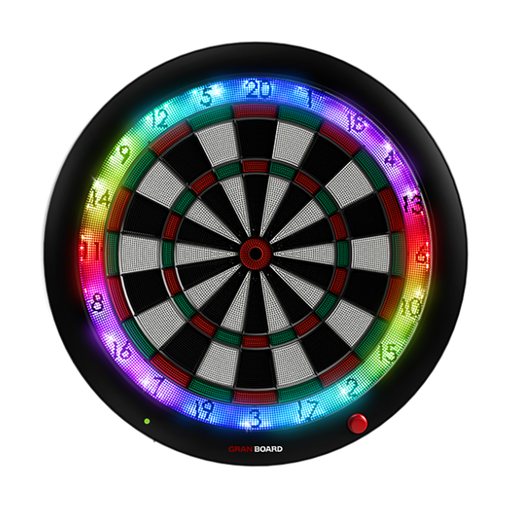 G01250_GranBoard_3S_Green_LED_Elektronisches_Dartboard_1 Das Bild zeigt das GranBoard 3S LED elektronische Dartboard. Der Zahlenring leuchtet in verschiedenen bunten LED-Farben.