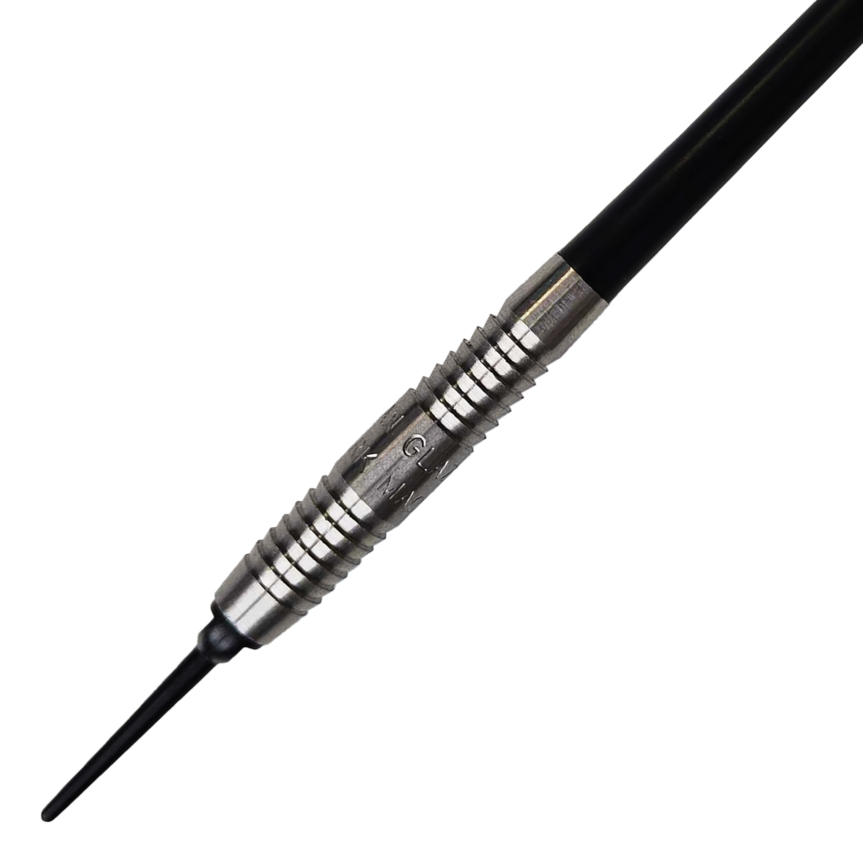 McKicks Alam Glazier Shark Machine Zachte Darts Das Bild zeigt einen McKicks Alam Glazier Shark Machine Softdart. Der Dartpfeil hat eine silberne Griffzone mit Rillen und eine schwarze Spitze.