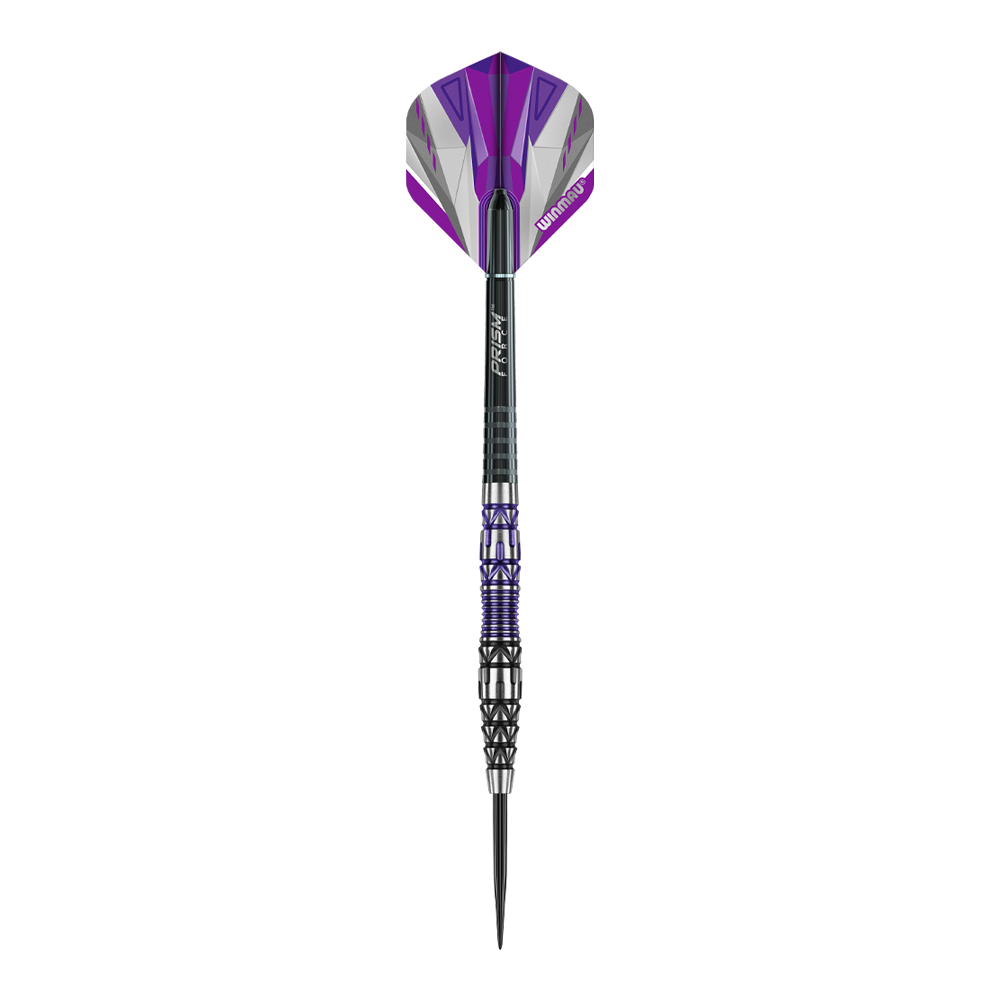 Winmau Simon Whitlock Special Edition 2020 stalen darts Das Bild zeigt den Winmau Simon Whitlock Special Edition 2020 Steeldart. Der Dart hat ein auffälliges Design mit lila, schwarzen und silbernen Akzenten.