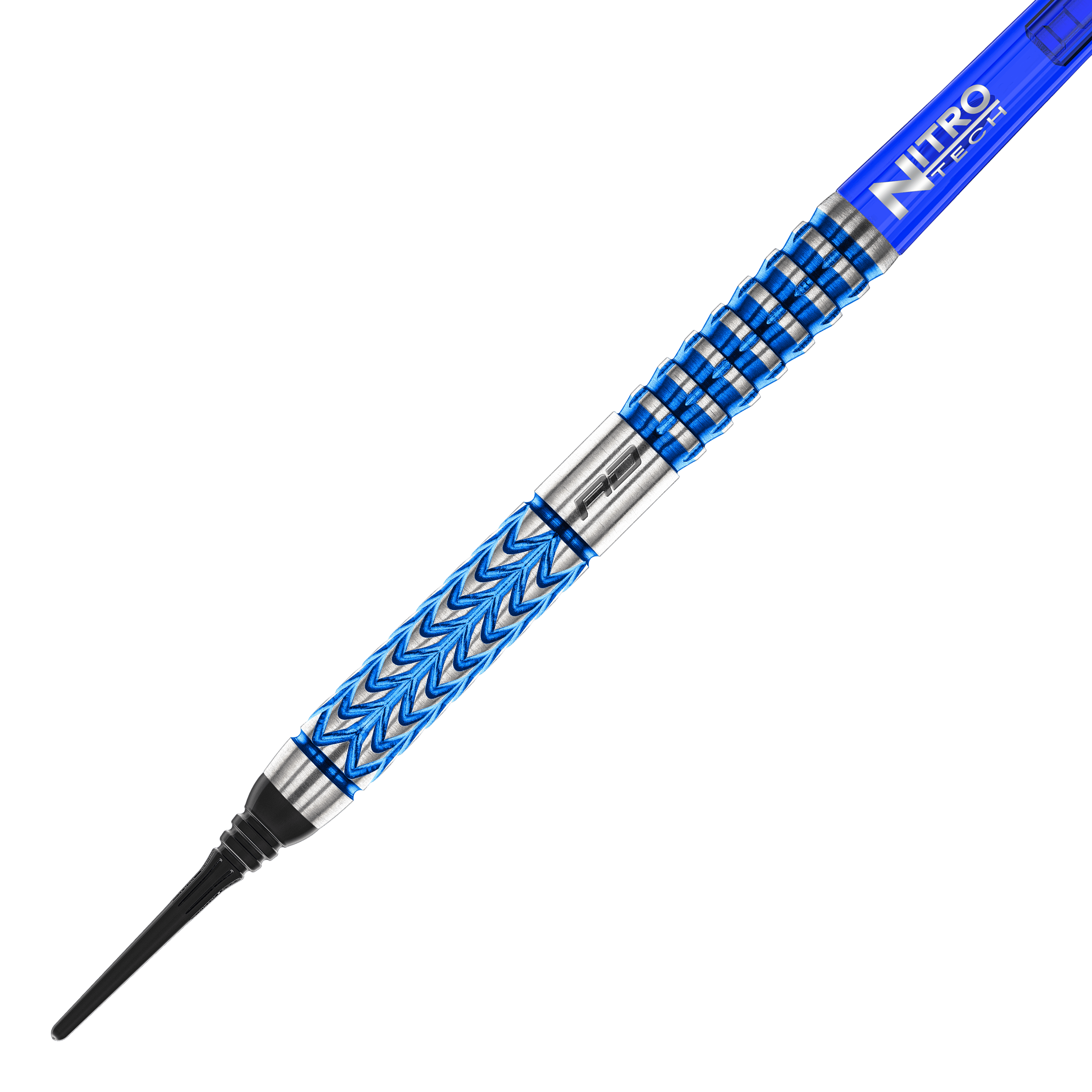 Red Dragon Gerwyn Prijs Glacier Softdarts - 18g Das Bild zeigt einen Red Dragon Gerwyn Price Glacier Softdart mit einem Gewicht von 18g. Der Dart hat ein auffälliges blau-silbernes Design und eine schwarze Kunststoffspitze.