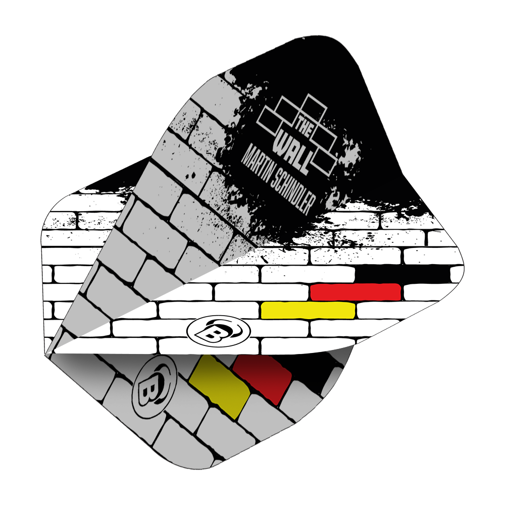 Bulls B-Star Martin Schindler Wit nr. 2 Standaardvluchten Das Bild zeigt die Bulls B-Star Martin Schindler White No2 Standard Flights. Das Design erinnert an eine weiße Backsteinmauer mit den Farben der deutschen Flagge und dem Text "The Wall Martin Schindler".