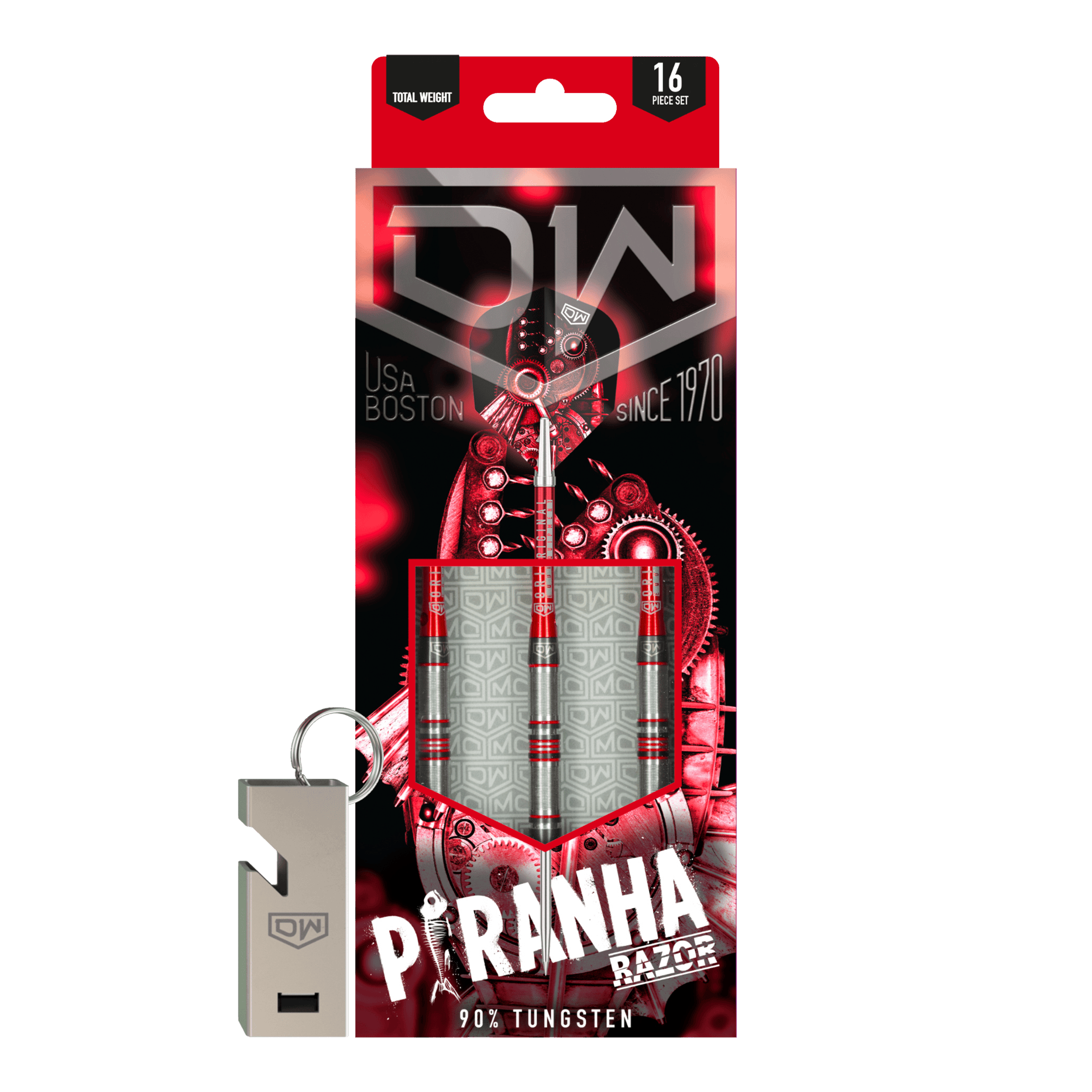 DW Piranha Razor 01 stalen darts Das Bild zeigt die Verpackung der "DW Piranha Razor 01 Steeldarts". In der Packung sind drei Darts aus 90% Tungsten und ein silberner Schlüsselanhänger enthalten.