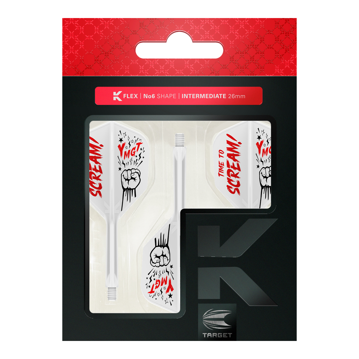 Target Japan K-Flex Scream No6 Flight Shaft-systeem Das Bild zeigt das Produkt „Target Japan K-Flex Scream No6 Flight-Shaft-System“ in seiner Verpackung. Die Flights sind weiß mit roten und schwarzen Grafiken und dem Schriftzug „TIME TO SCREAM!“.