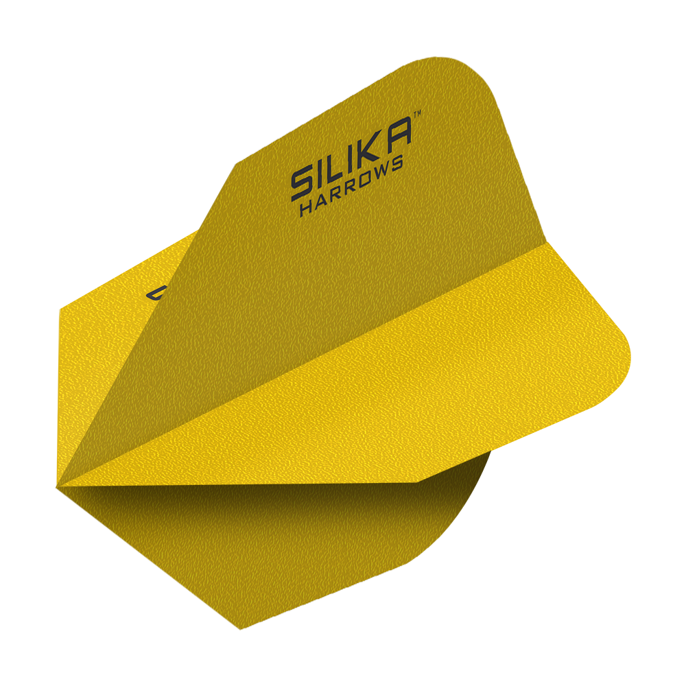 Harrows Silika Solid Tough Crystalline Coating Geel nr. 6 Vluchten Das Bild zeigt ein gelbes Dart-Flight mit der Aufschrift „SILIKA HARROWS“. Es hat eine solide, kristalline Beschichtung und ist als No6 Flight ausgeführt.