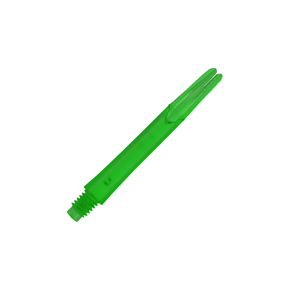L-Style L-schachten vergrendeld recht - Groen Auf dem Bild ist ein grüner, gerader Dart-Schaft zu sehen. Der Schaft hat ein Gewinde am unteren Ende und eine gesplittete Spitze am oberen Ende.