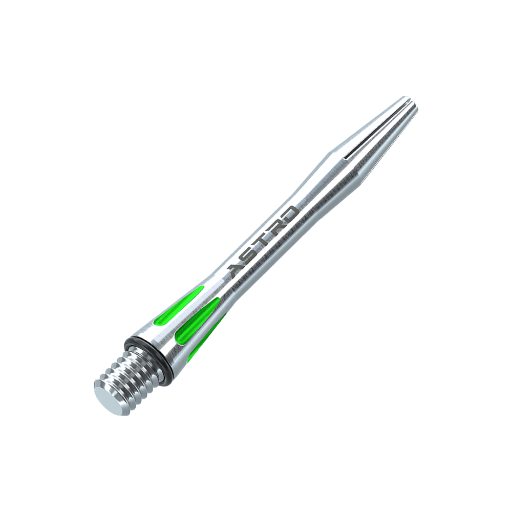 7012-104_Winmau_Astro_Aluminium_Shafts_Gr-n_35mm_2 Dies ist ein silberner Aluminiumschaft für Dartpfeile mit grünen Akzenten. Auf dem Schaft steht das Wort "ASTRO".