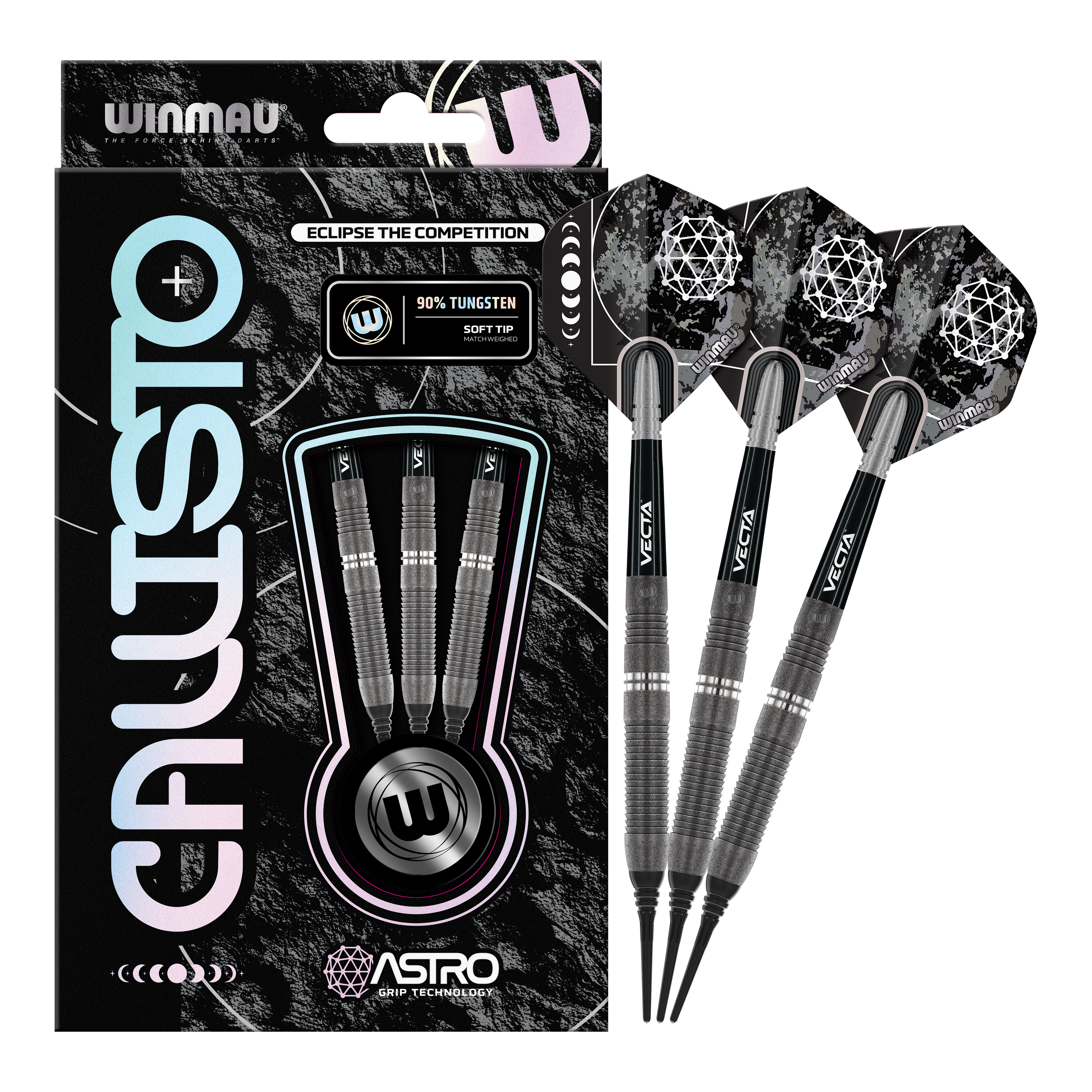Das Bild zeigt die Winmau Callisto 03 Softdarts mit einem Gewicht von 20g. Die Verpackung enthält drei schwarze Softdarts mit auffälligen Flights und dem Hinweis auf 90% Tungsten.