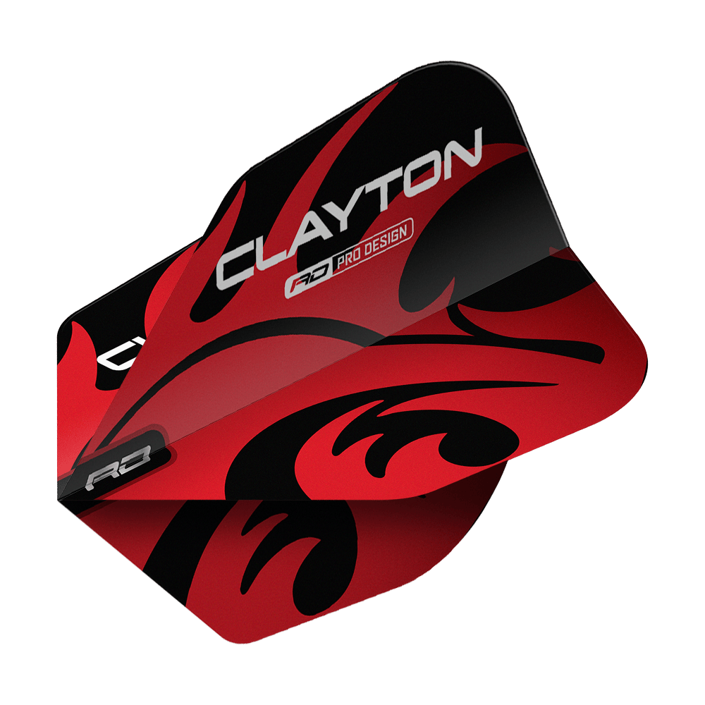 Red Dragon Jonny Clayton Rood Zwart No6 Vluchten Das Bild zeigt ein Dart-Flight mit dem Produktnamen "Red Dragon Jonny Clayton Red Black No6 Flights". Das Flight ist rot und schwarz gestaltet und trägt den Schriftzug „CLAYTON“.