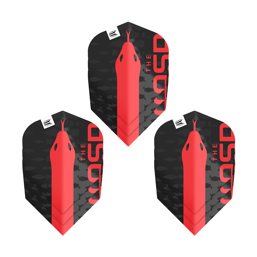 Target Pro Ultra Nathan Aspinall No6 Vluchten - 3 Sets Das Bild zeigt drei Sets der Target Pro Ultra Nathan Aspinall No6 Flights. Die Flights sind schwarz mit einem roten Schlangenmuster und dem Schriftzug "THE ASP".