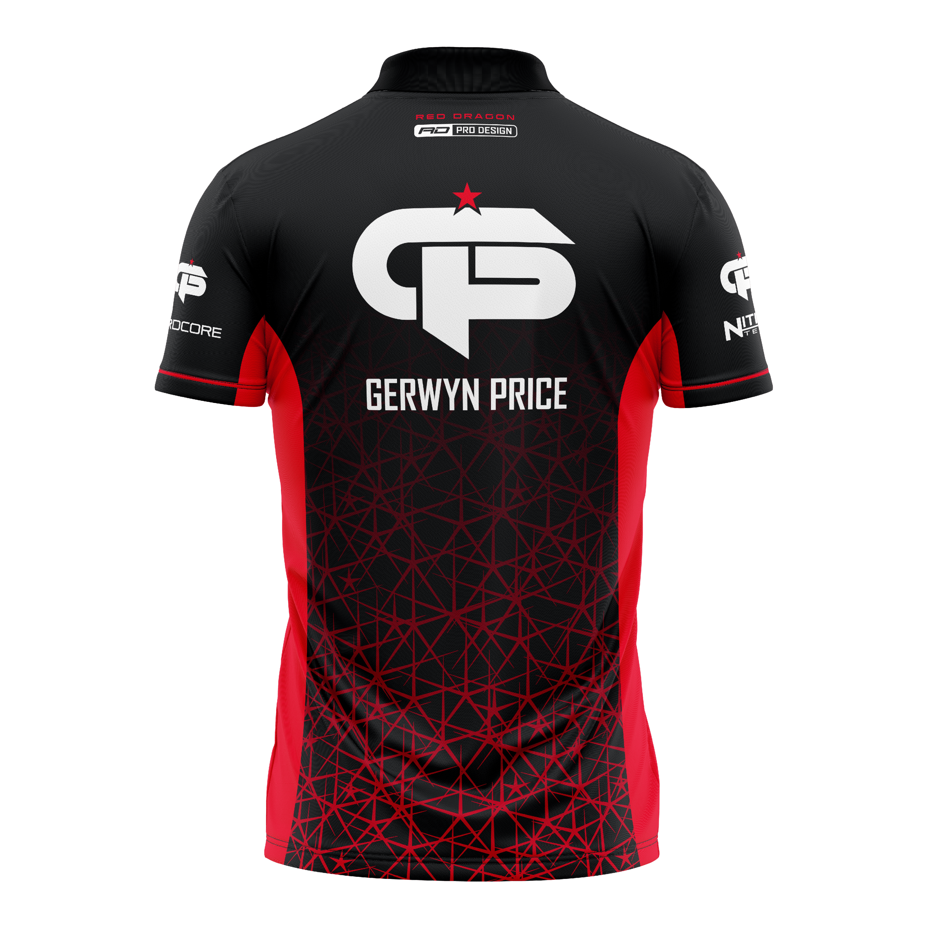 Red Dragon Gerwyn Price Rood Tour-polodartshirt Dies ist ein schwarzes und rotes Dartshirt mit dem Namen "Gerwyn Price" auf dem Rücken. Auf dem Shirt befindet sich ein großes weißes Logo und geometrische rote Muster.