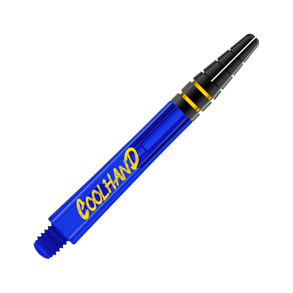 Red Dragon Nitrotech Luke Humphries Coolhand Shafts - Blauw Das Bild zeigt einen blauen Dart-Schaft mit der gelben Aufschrift "COOLHAND". Der obere Teil des Schafts ist schwarz mit zwei goldenen Ringen.