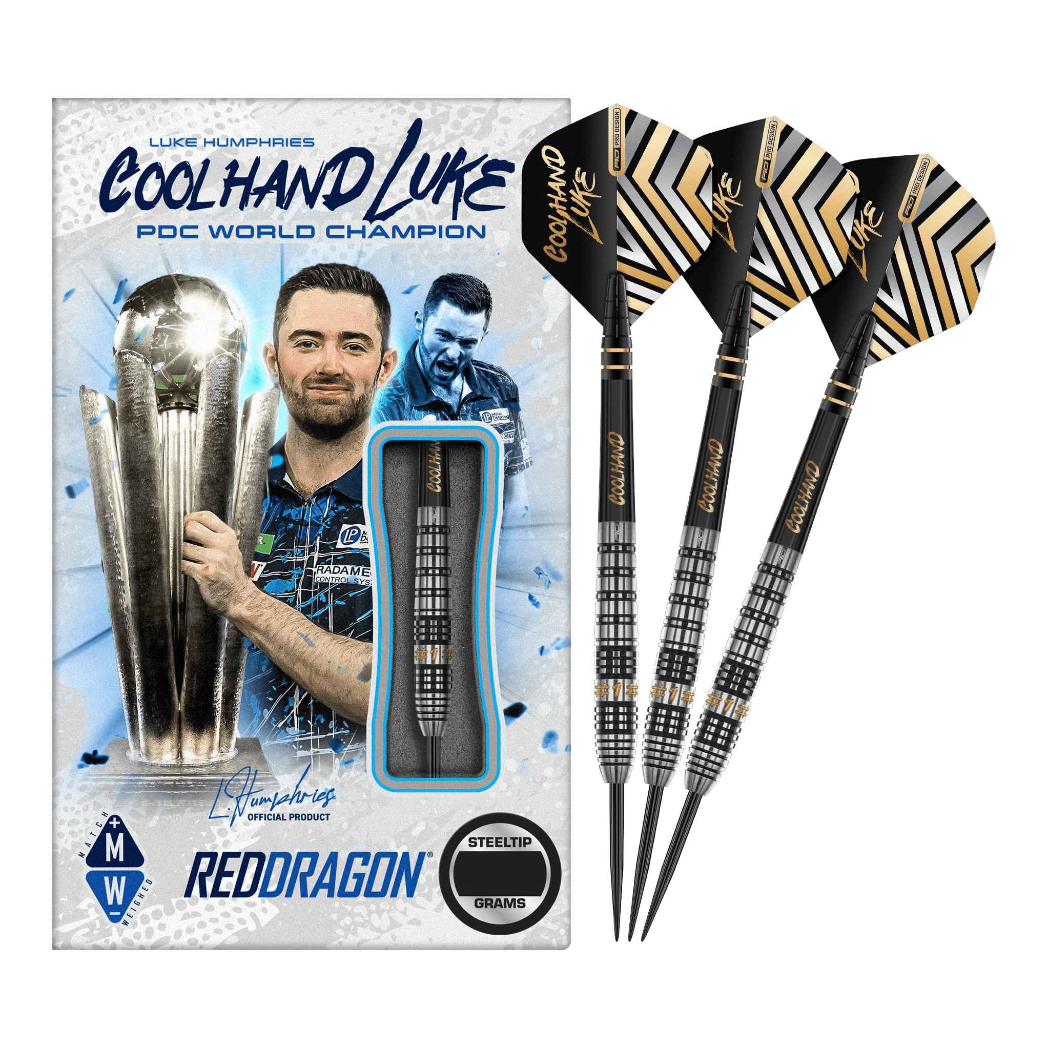 Red Dragon Luke Humphries Prestige Steel Darts Das Bild zeigt eine Packung "Red Dragon Luke Humphries Prestige Steeldarts" mit einem Bild von Luke Humphries als PDC Weltmeister. Neben der Verpackung sind drei schwarz-silberne Steeldarts mit speziellen Flights abgebildet.