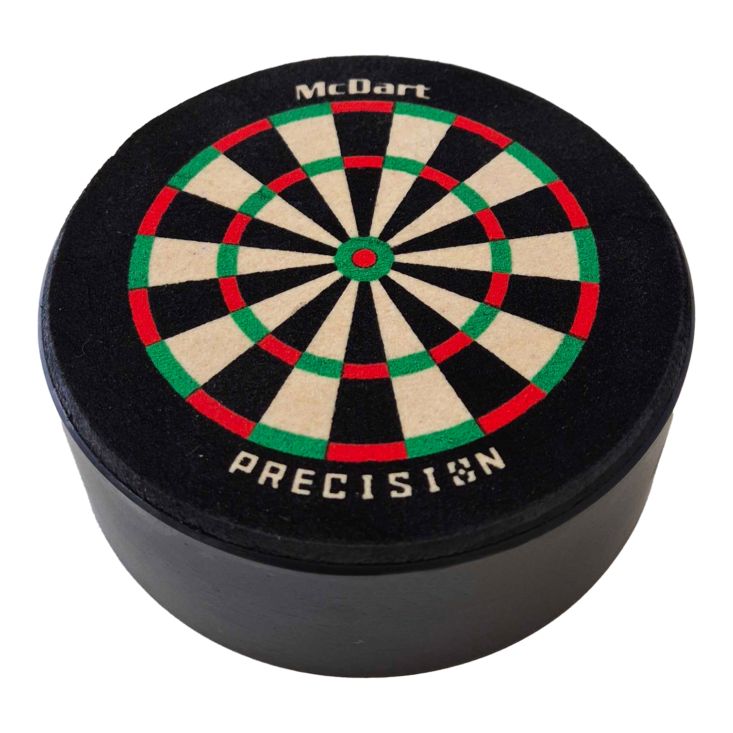 McDart Precision Mini Dartboard Darthalter Das Bild zeigt die McDart Precision Mini Dartboard Darthalter. Es ist eine kleine, runde Dartscheibe mit farbigen Segmenten und dem Schriftzug "McDart Precision" darauf.