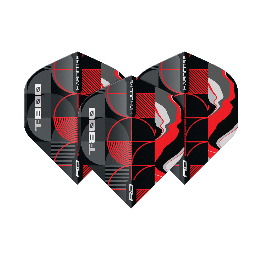Red Dragon Hardcore T-800 No2 Standard Flights Das Bild zeigt die Red Dragon Hardcore T-800 No2 Standard Flights. Die Dart-Flights sind schwarz, rot, grau und weiß gemustert und tragen die Aufschrift "T800" und "HARDCORE".