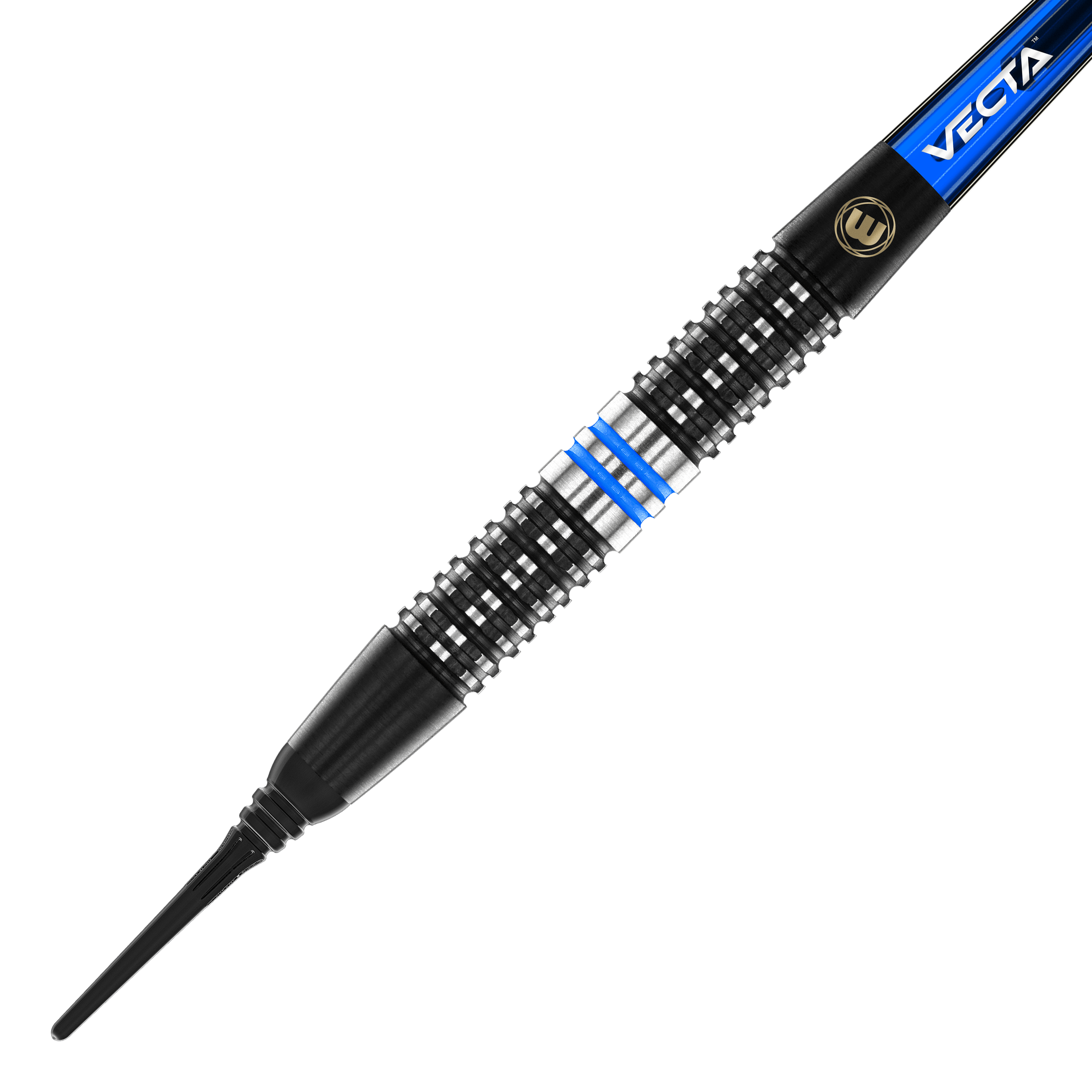 Winmau Galactics zachte darts - 20g Das Bild zeigt einen Winmau Galactics Softdart mit einem Gewicht von 20 Gramm. Der Dart hat ein schwarzes Griffteil mit silbernen und blauen Akzenten.
