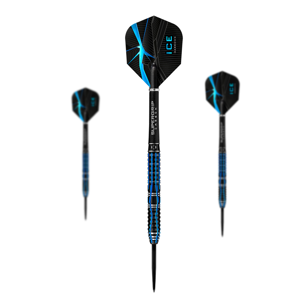 Harrows Ice Recut Steel Darts Das Bild zeigt drei Steeldarts des Modells "Harrows Ice Recut". Die Darts sind schwarz mit blauen Akzenten und besitzen Flights mit einem Eismuster.