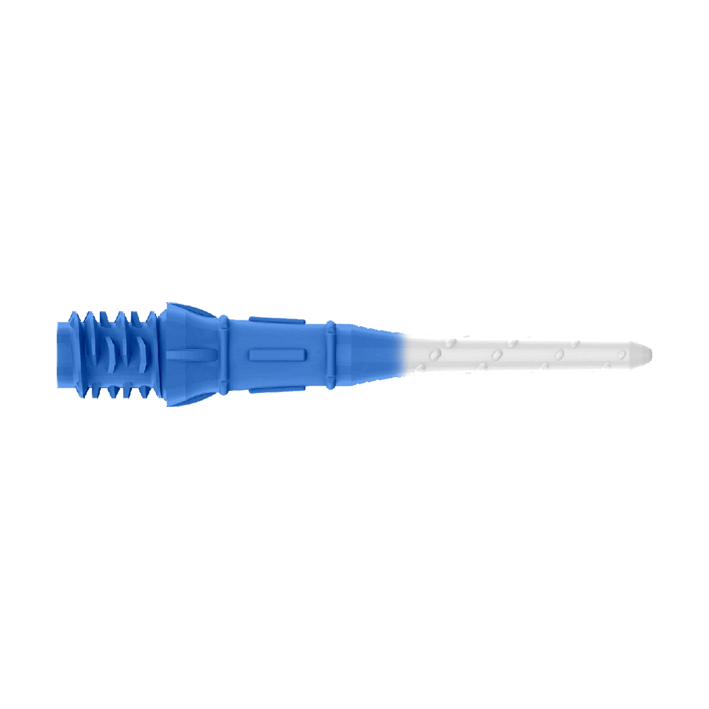 Das Bild zeigt eine Dartspitze mit zwei Farben, dunkelblau und weiß. Der hintere Teil ist dunkelblau, während der vordere Teil weiß ist.