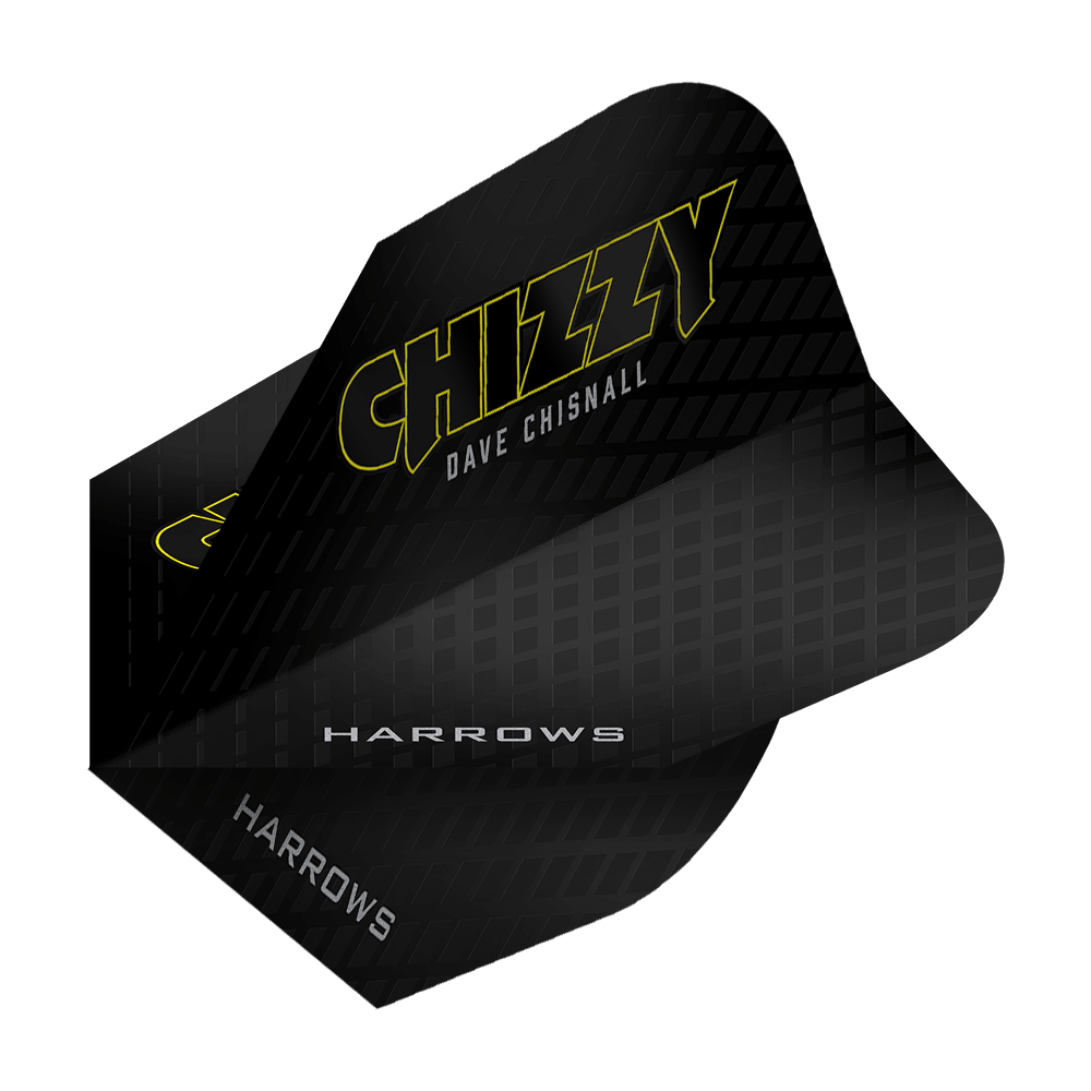 Harrow's Dave Chisnall Chizzy Serie 3 Vluchten Das Bild zeigt das Produkt „Harrows Dave Chisnall Chizzy Series 3 Flights“. Die Flights sind schwarz mit gelber Schrift und tragen den Namen „Chizzy“ sowie „Dave Chisnall“.