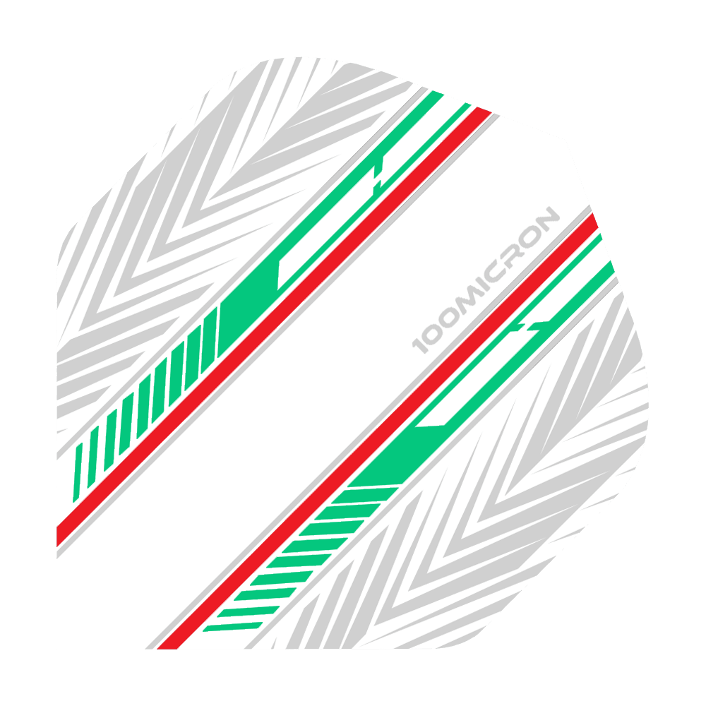Pentathlon Flights wit/groen/rood Das Bild zeigt einen Pentathlon White Green Red No2 Standard Flight für Darts. Das Design besteht aus weißen, grünen und roten Streifen sowie grauen Pfeilmustern auf weißem Hintergrund.