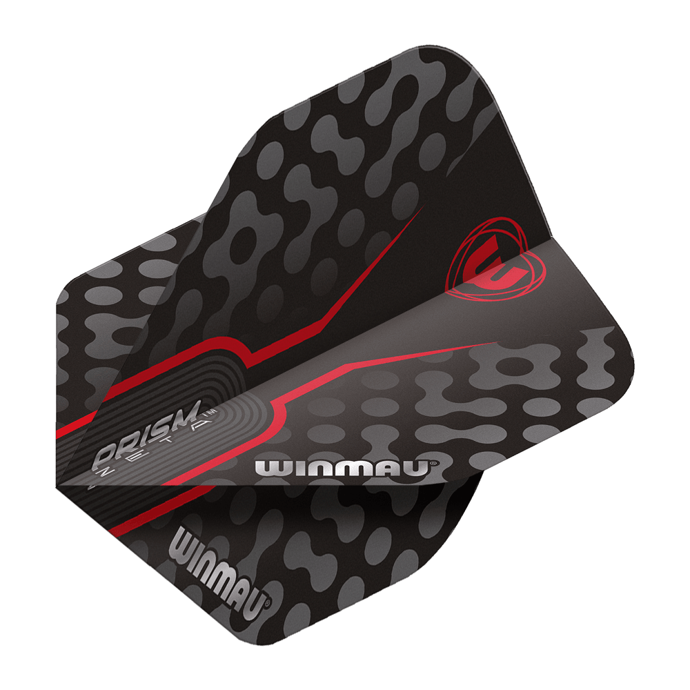 6915-306_Winmau_Prism_Zeta_GreyRed_Standard_Flights_2 Das Bild zeigt das Produkt "Winmau Prism Zeta GreyRed Standard Flights". Die Dart-Flights sind überwiegend grau und schwarz mit roten Akzenten und dem Winmau-Logo.