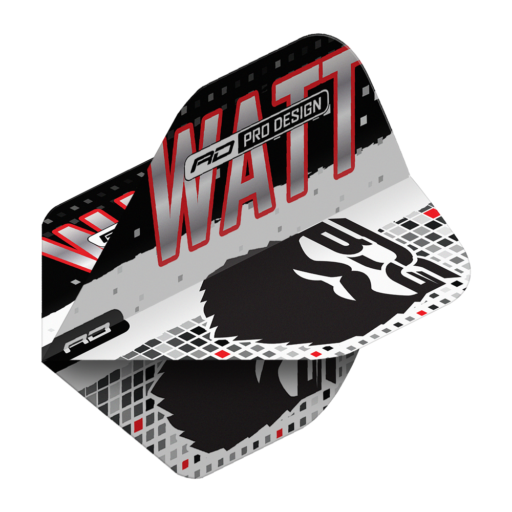 Red Dragon Hardcore Jason Watt BDG Premium No2 Standaardvluchten Das Bild zeigt die Red Dragon Hardcore Jason Watt BDG Premium No2 Standard Flights. Das Design ist in Schwarz, Weiß und Rot gehalten und trägt den Schriftzug "WATT" sowie eine stilisierte Grafik.