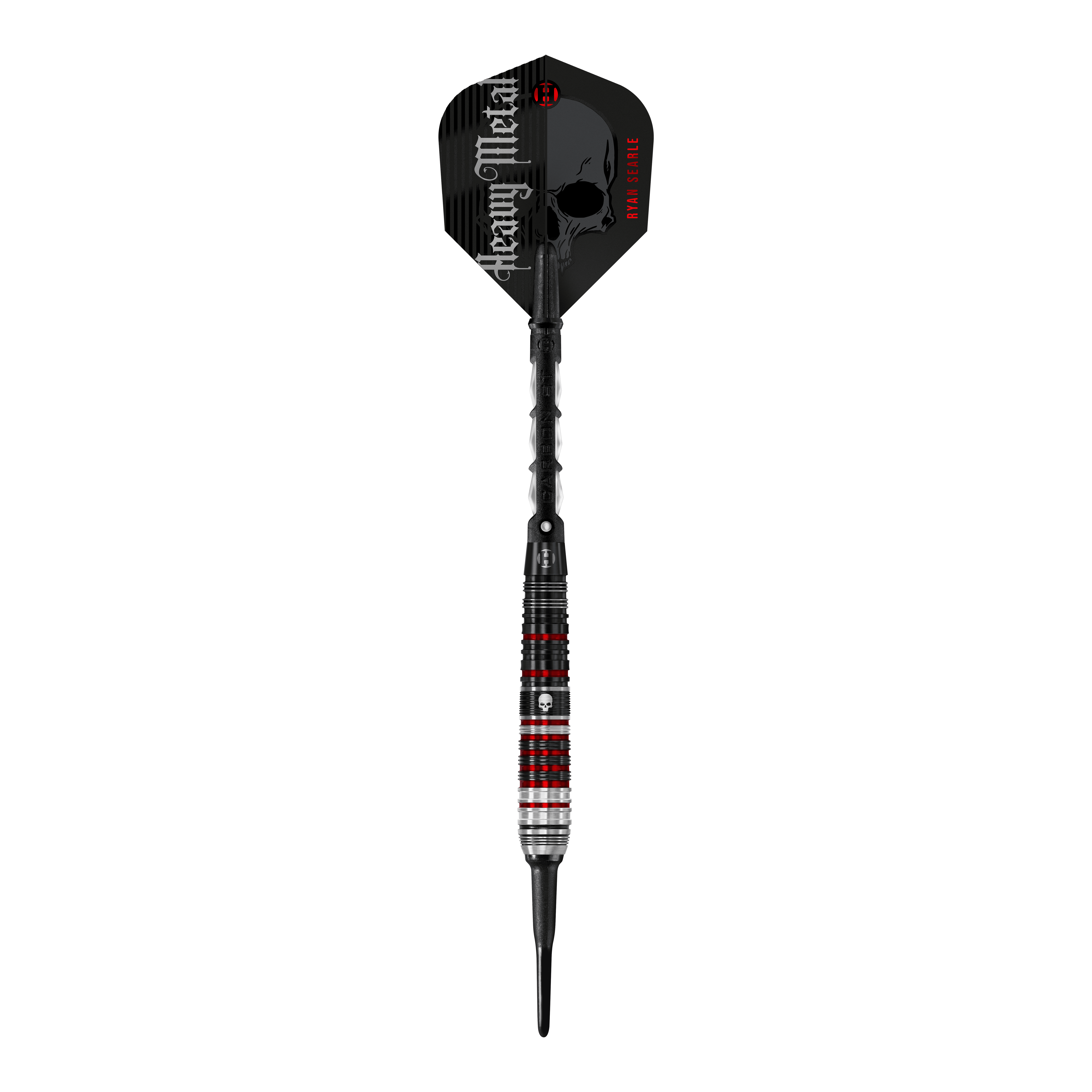 Harrows Ryan Searle Heavy Metal Series 2 Softdarts Das Bild zeigt einen Harrows Ryan Searle Heavy Metal Series 2 Softdart. Der Dartpfeil hat ein auffälliges Design mit schwarzen, roten und silbernen Akzenten sowie der Aufschrift "Heavy Metal" auf dem Flight.