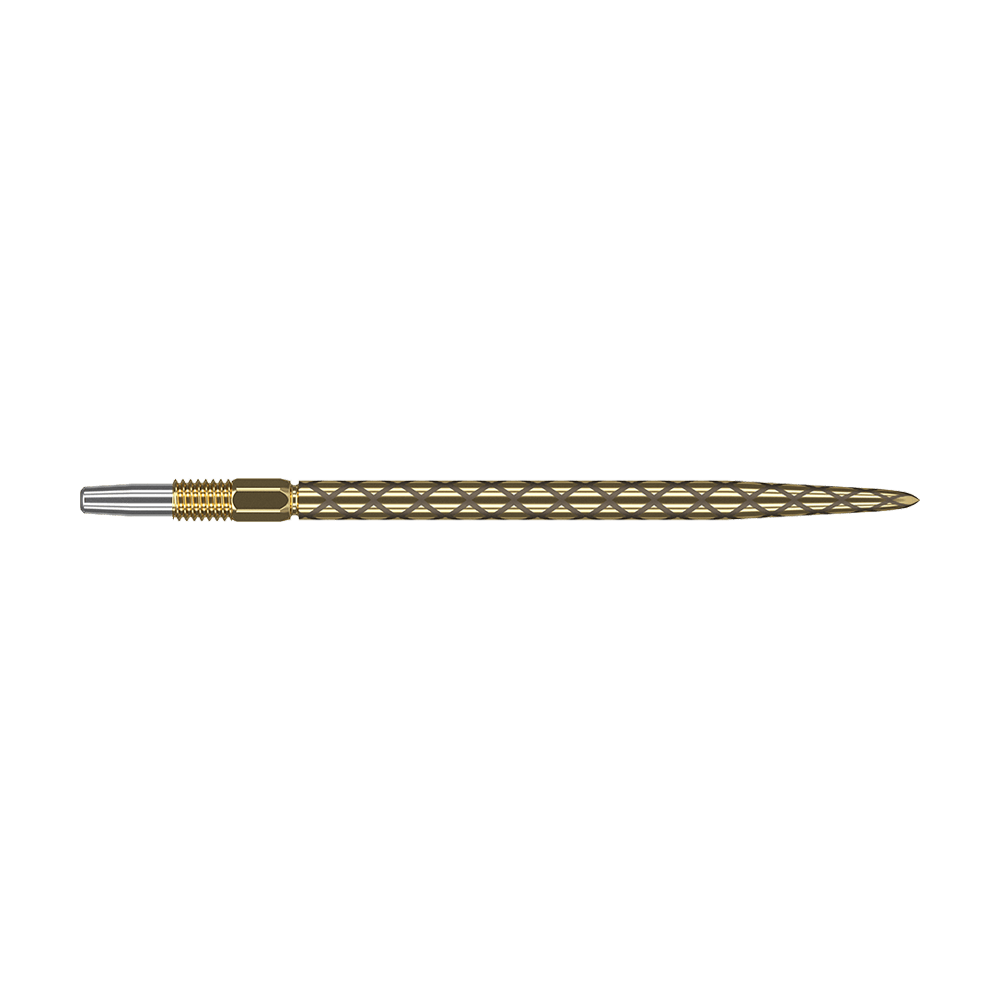 Target Swiss Diamond Pro Gold dartpunten Das Bild zeigt eine goldene Dartspitze mit einem diamantförmigen Muster. Die Spitze ist schmal und hat am vorderen Ende einen silbernen Bereich.