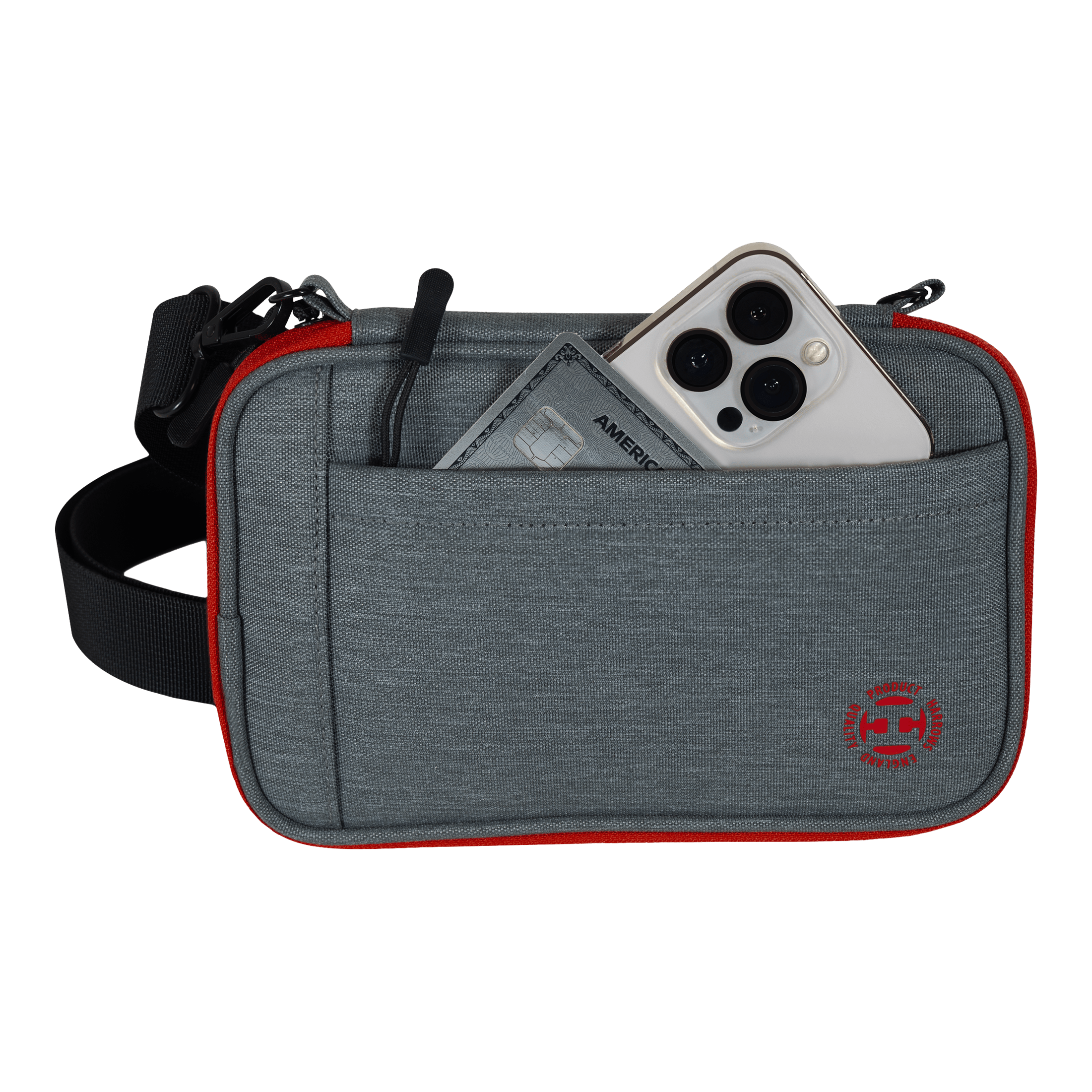 Harrows Smart Case XL dart portemonnee Das Bild zeigt eine graue Tasche mit rotem Rand und einem schwarzen Gurt. In der Vordertasche stecken ein Smartphone und eine Kreditkarte.