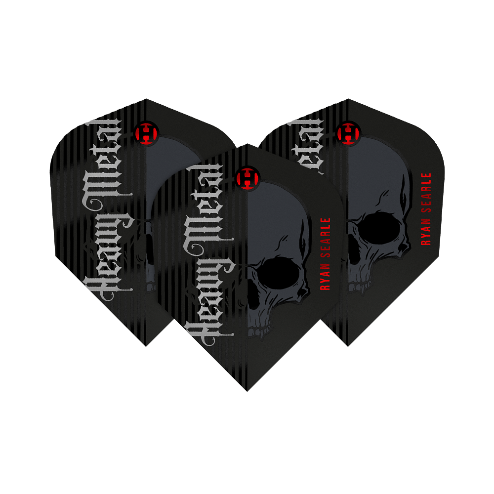 Harrow's Ryan Searle Heavy Metal Series 2 Vluchten Das Bild zeigt drei Dartflights der Serie "Harrows Ryan Searle Heavy Metal Series 2". Die Flights sind schwarz mit einem Totenkopf-Design und den Aufschriften „Heavy Metal“ und „Ryan Searle“.