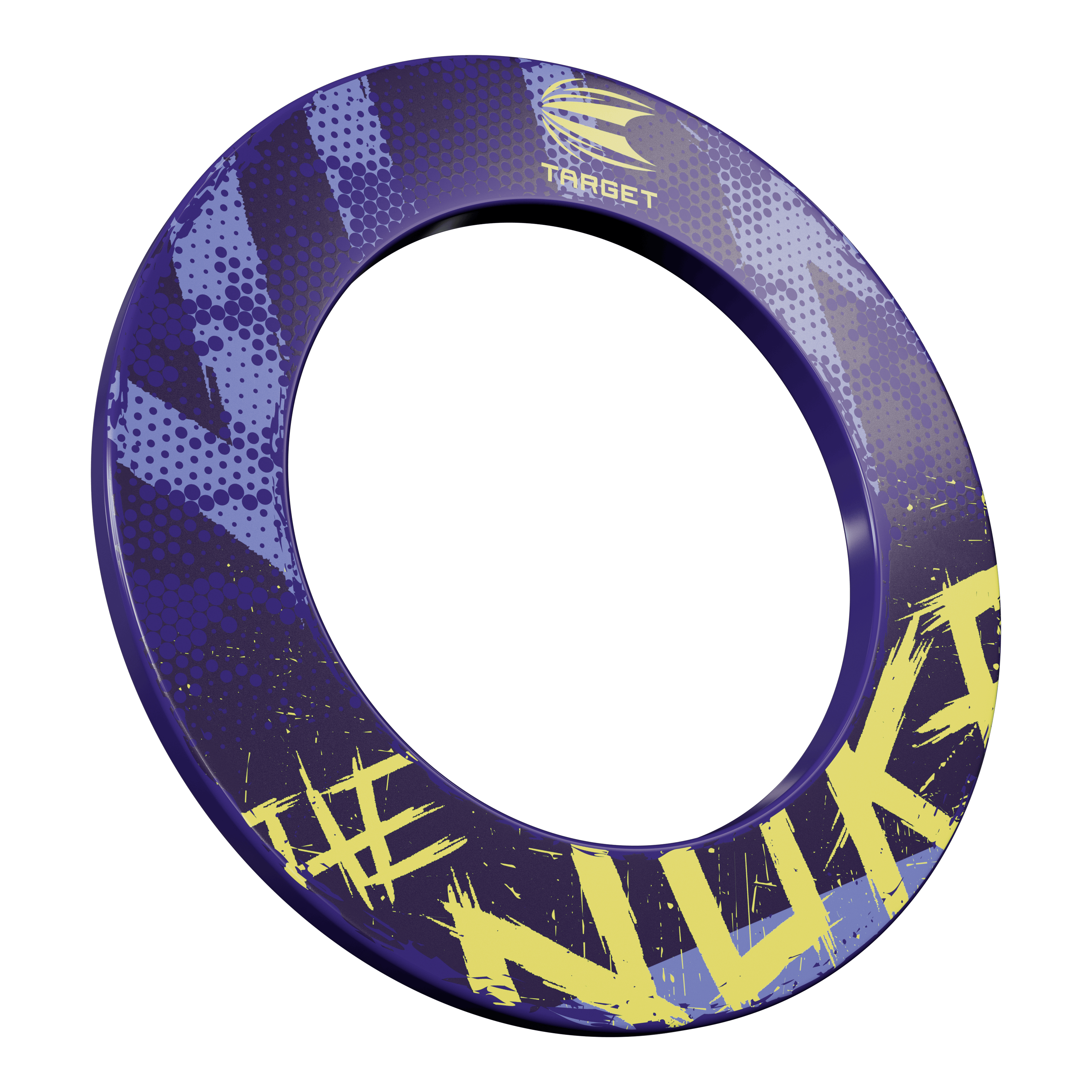 Target Luke Littler De Nuke Dartbord Surround Das Bild zeigt eine Dartboard-Umrandung mit dem Namen „Target Luke Littler The Nuke Dartboard Surround“. Die Umrandung ist hauptsächlich lila mit gelben Schriftzügen und Mustern gestaltet.