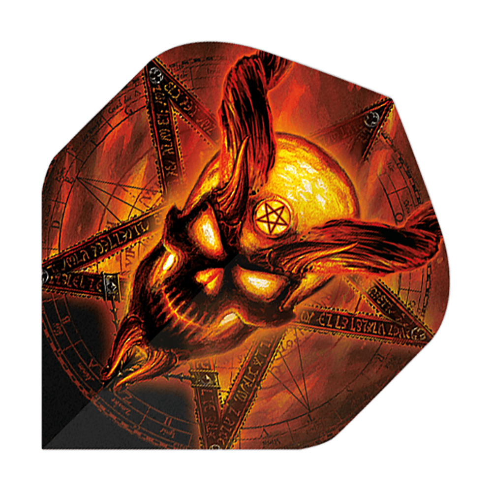 Alchemy Burning Temple No2 Standaardvluchten Das Bild zeigt einen Dartflight mit einem brennenden, dämonischen Schädel und einem Pentagramm im Hintergrund. Die Farben sind hauptsächlich in Rot-, Orange- und Gelbtönen gehalten, was das feurige Design betont.