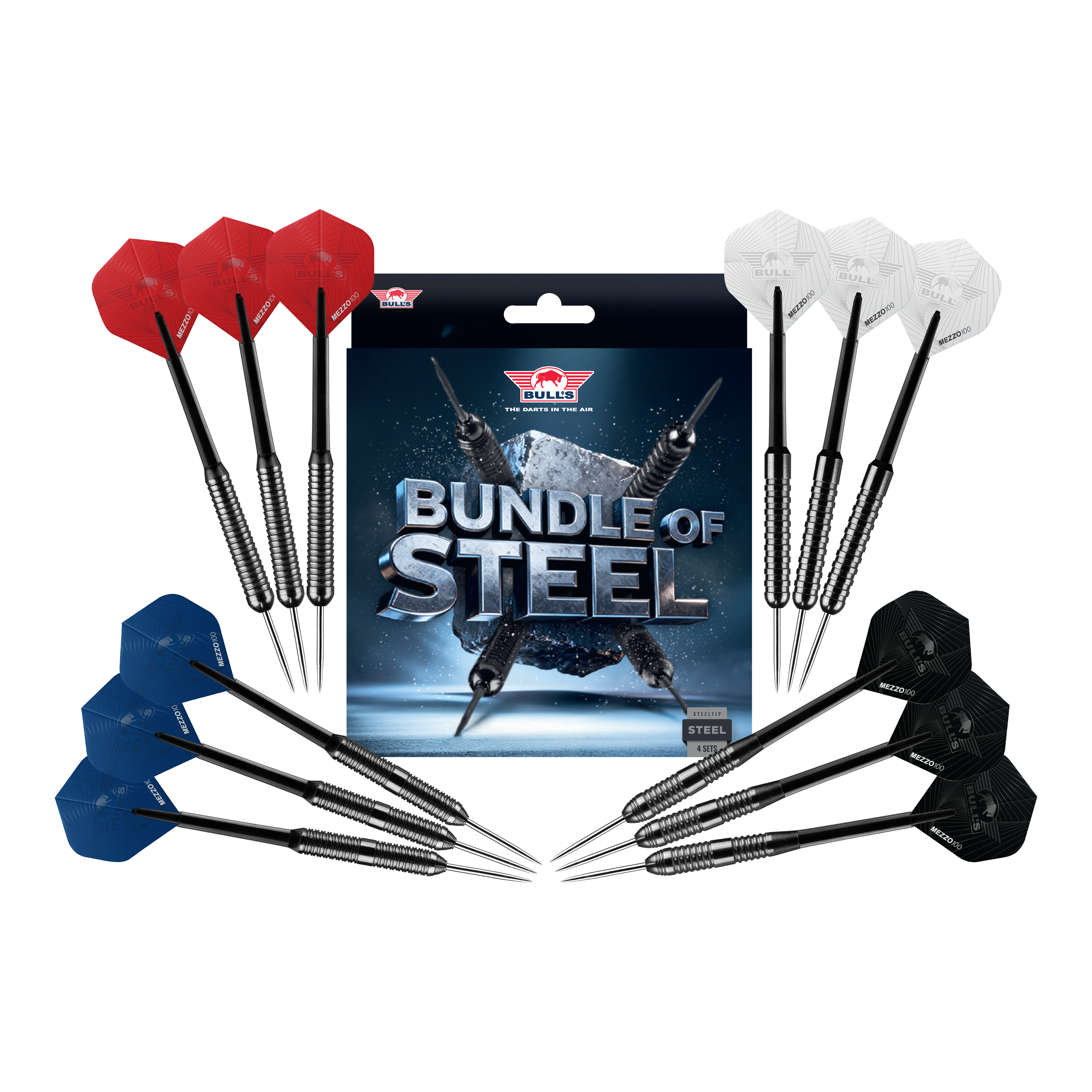 Bulls NL Bundel van Staal - 4 Sets Messing Stalen Darts Zu sehen sind die Bulls NL Bundle Of Steel - 4 Sets Brass Steeldarts. Das Produkt bietet vier Sets Messing-Steeldarts für Dartspieler.