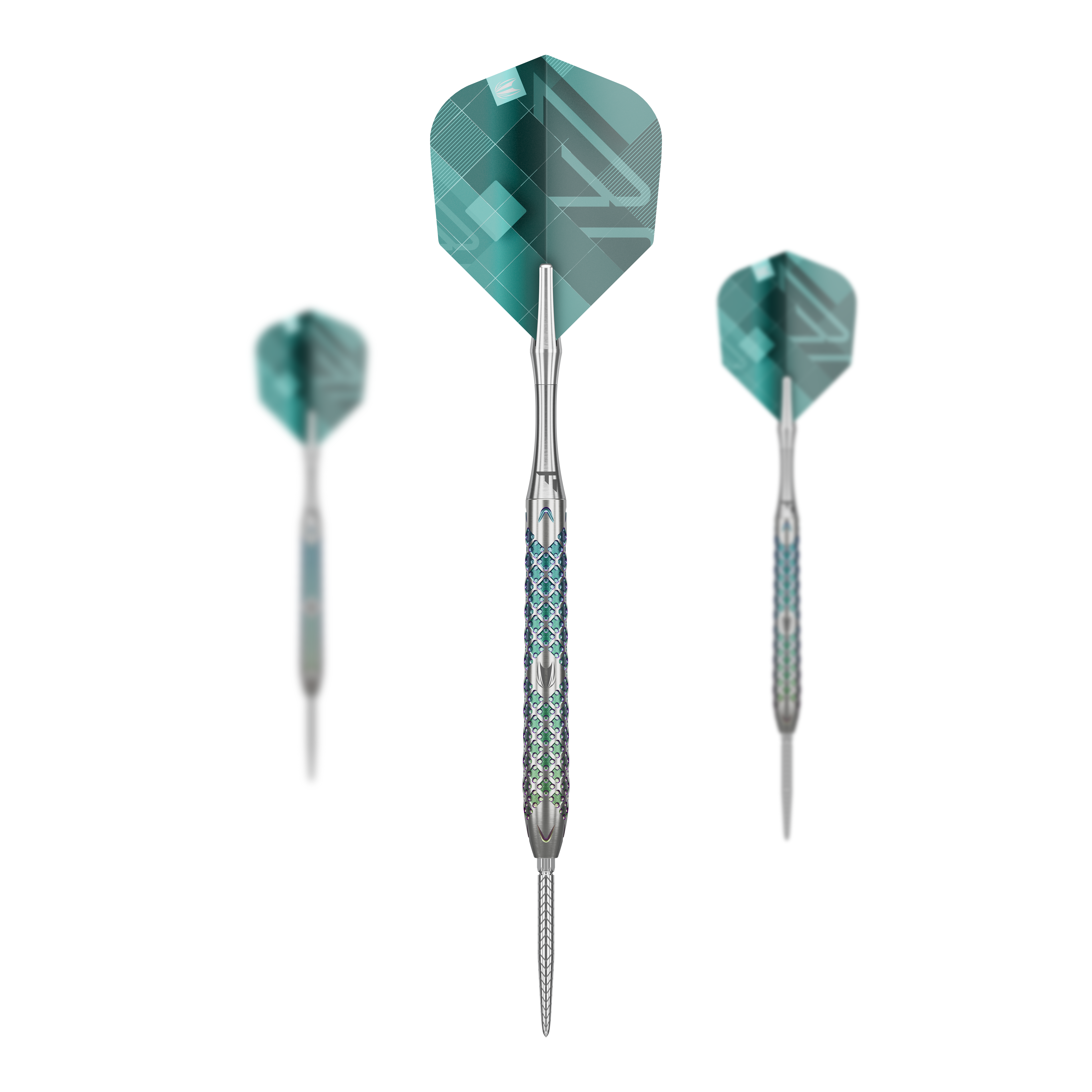 Target Rove 03 Swiss Point stalen dartpijlen Das Bild zeigt drei Target Rove 03 Swiss Point Steeldarts mit silbernem Schaft und blauen Akzenten. Die Flights sind grün-blau gemustert und die Darts stehen vor einem schwarzen Hintergrund.