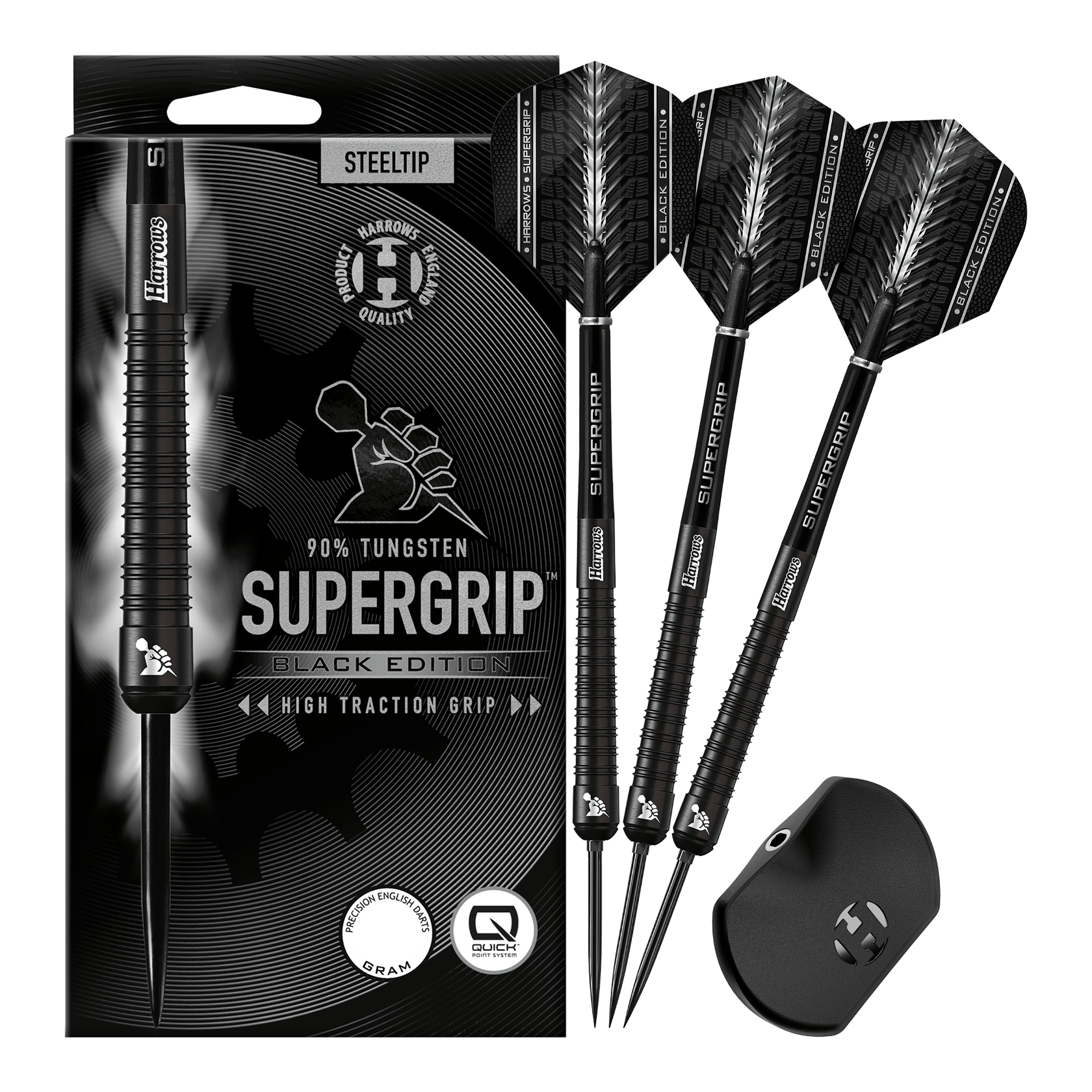 Harrows Supergrip 90 Black Edition Quick Point Steeldarts zeigen ein edles schwarzes Aussehen. Sie sind perfekt für ambitionierte Dartspieler geeignet.
