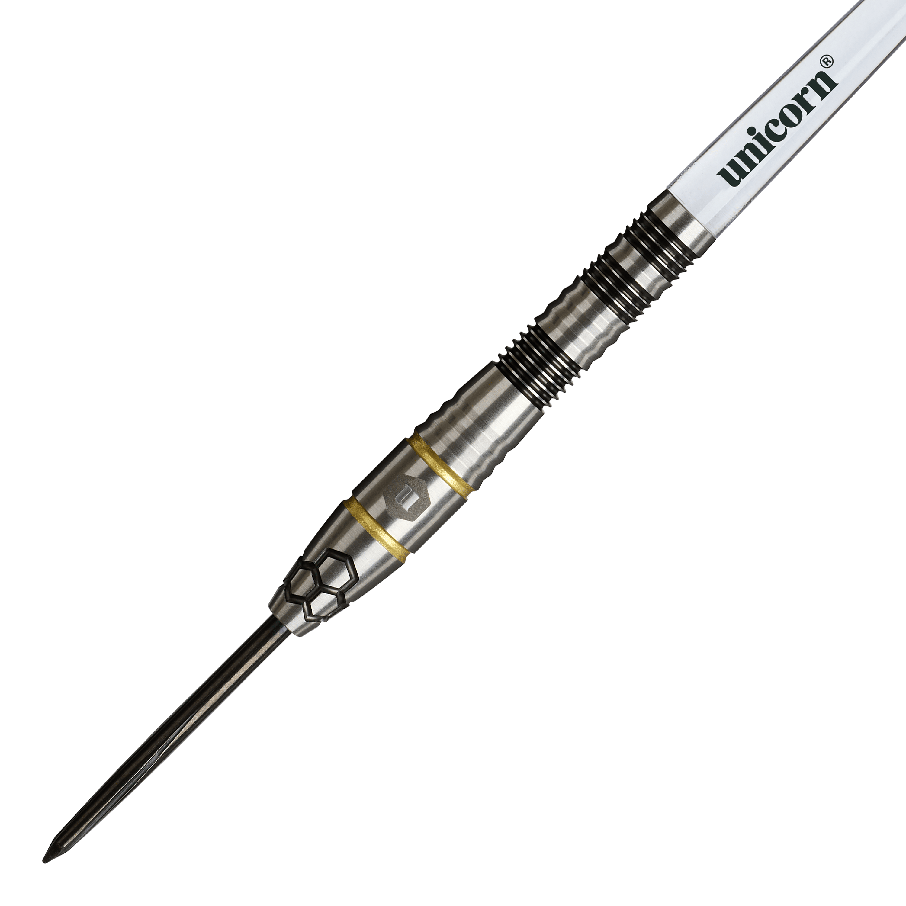 Unicorn Hexium Style 01 Zwart & Goud Steeldarts Auf diesem Foto sind die Unicorn Hexium Style 01 Black & Gold Steeldarts zu sehen. Die Darts heben sich durch ihr elegantes Design in Schwarz und Gold hervor.