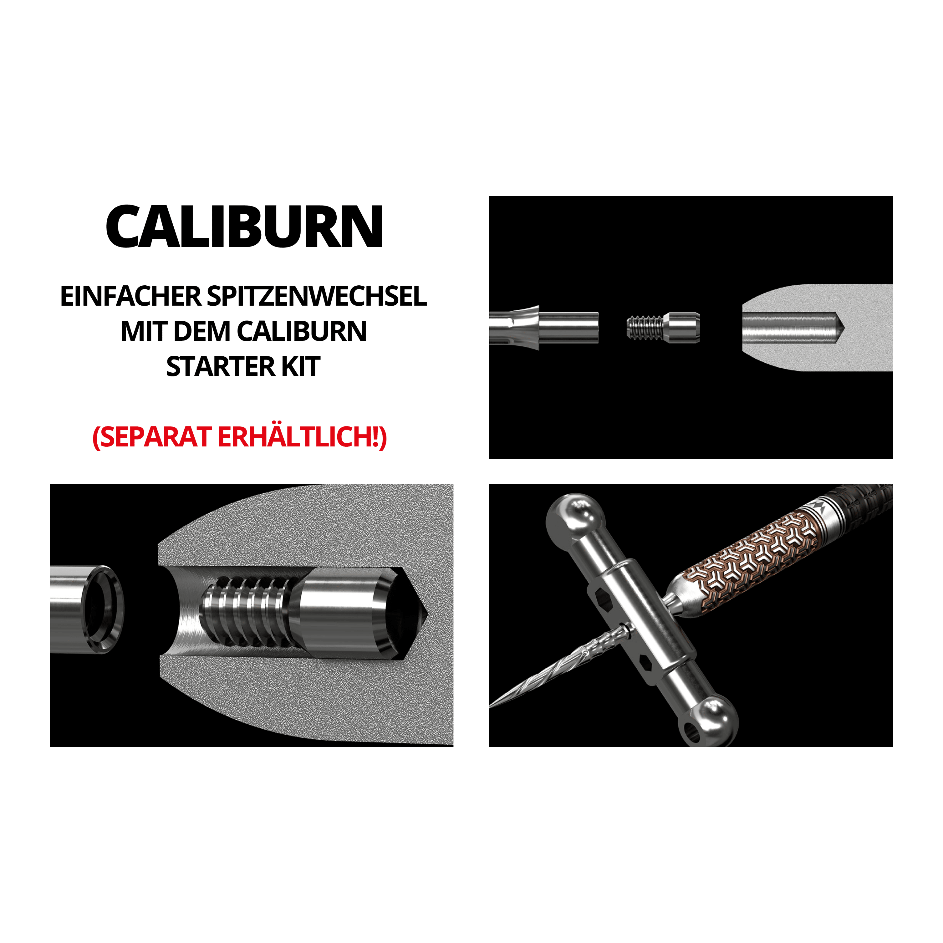 Caliburn System stalen dartpunten - Micro Grip - Zilver Das Bild zeigt silberne Steeldartspitzen vom Typ "Caliburn System Micro Grip". Es werden verschiedene Ansichten und Details der Montage und Konstruktion der Spitzen dargestellt.