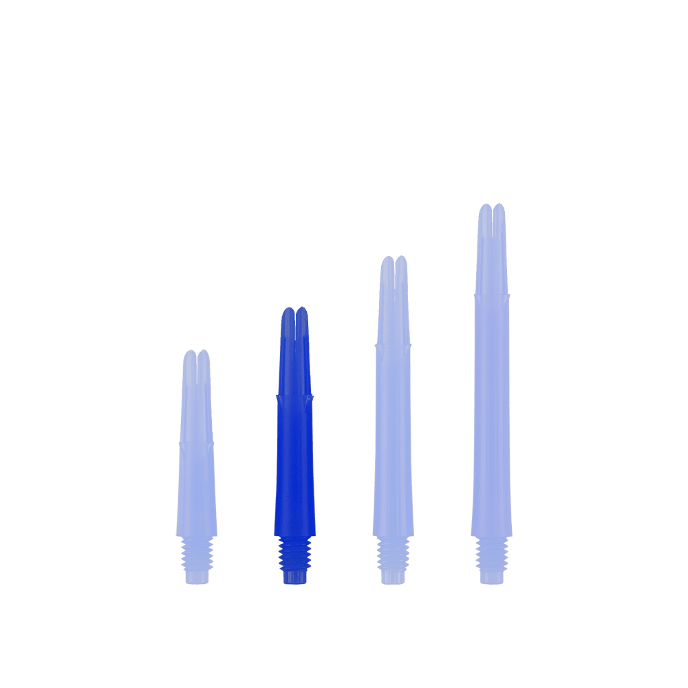 L-L-Style-Shafts Locked Straight - Blauw Auf dem Bild sind vier blaue Dartschäfte in unterschiedlichen Längen zu sehen. Sie stehen nebeneinander aufrecht vor weißem Hintergrund.