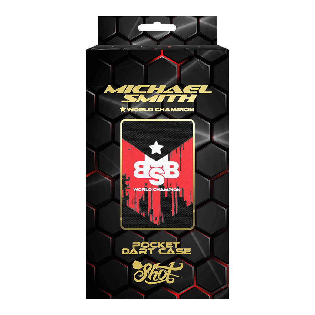 Shot Michael Smith Wereldkampioen Pocket Dartcase - Victory Die Abbildung zeigt die Verpackung des Produkts "Shot Michael Smith World Champion Pocket Dartcase - Victory". Das Design ist schwarz mit goldener Schrift und hebt das Dartcase sowie den Titel "World Champion" hervor.