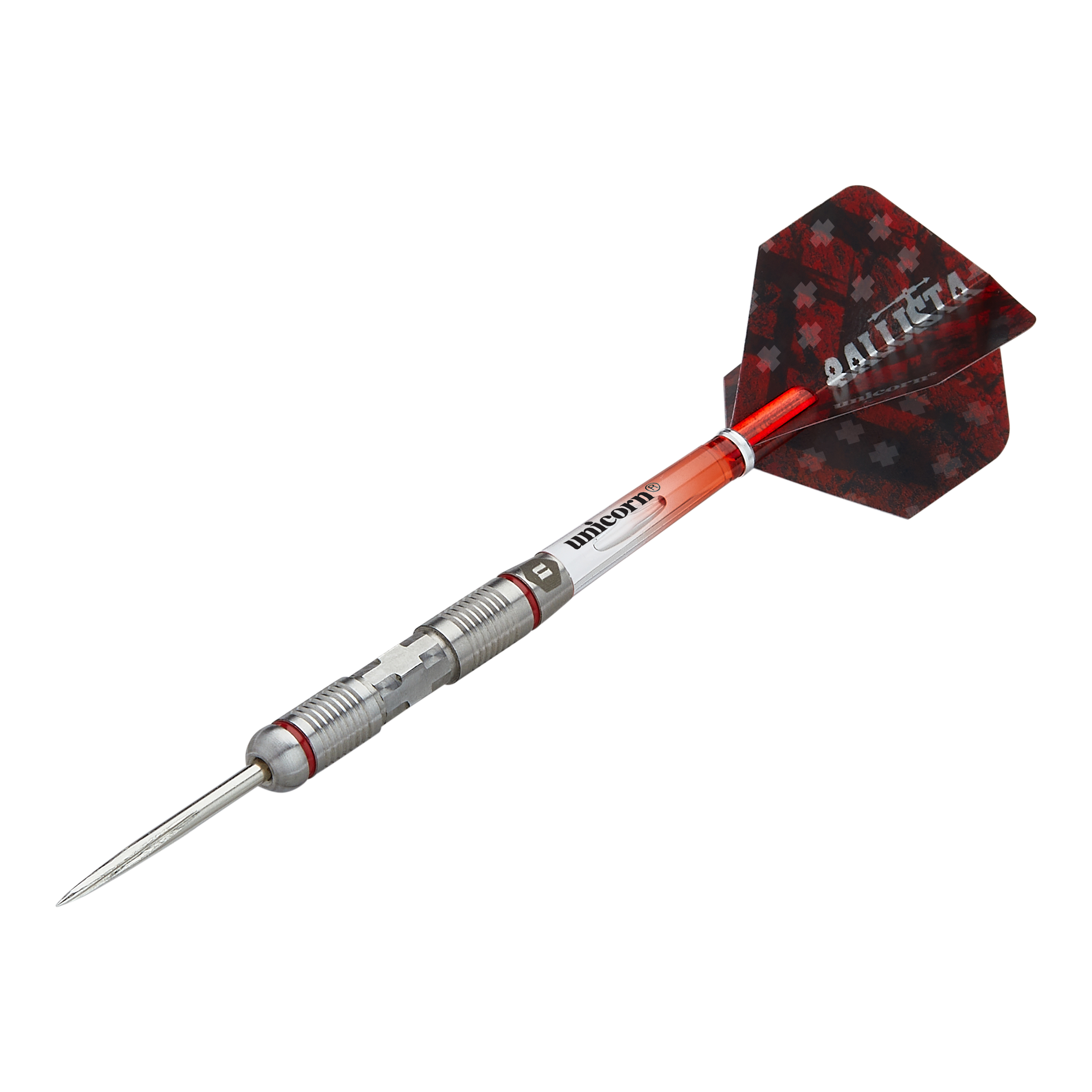 Unicorn Ballista Style 2 stalen darts Das Bild zeigt den Steeldart "Unicorn Ballista Style 2". Der Dart hat einen silbernen Metallkörper mit roten Akzenten und schwarze Flights mit rotem Muster.
