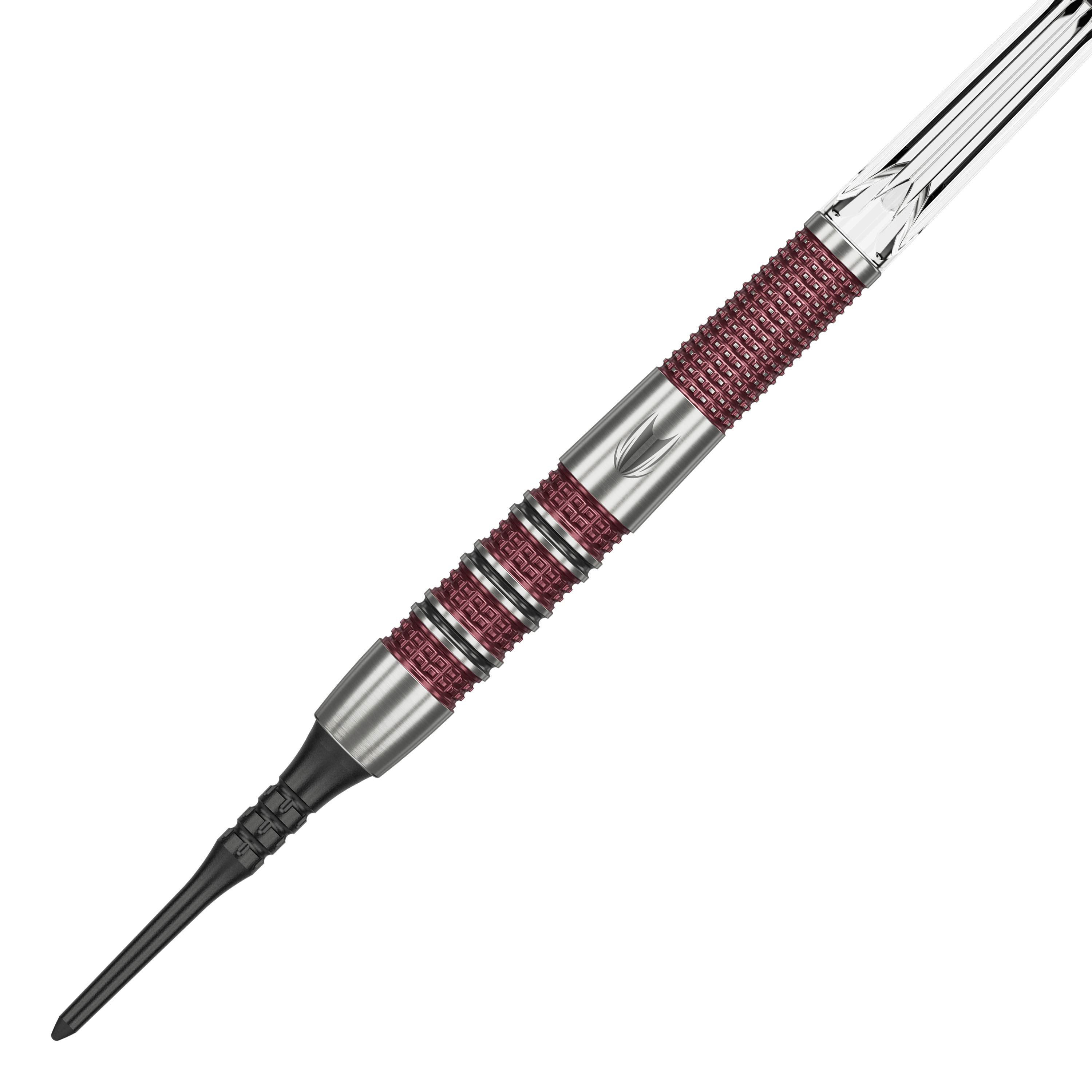Das Bild zeigt einen Target Stephen Bunting 95K Softdart mit einem Gewicht von 19 Gramm. Der Dart hat ein silbernes und rotes Griffdesign mit einer schwarzen Softspitze.