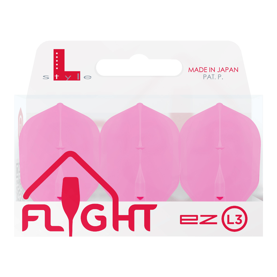 L-L-Style3EZ-vluchten Die Abbildung zeigt eine Packung mit drei pinken Dartflights der Marke L-Style. Auf der Verpackung steht "FLIGHT" und "MADE IN JAPAN".