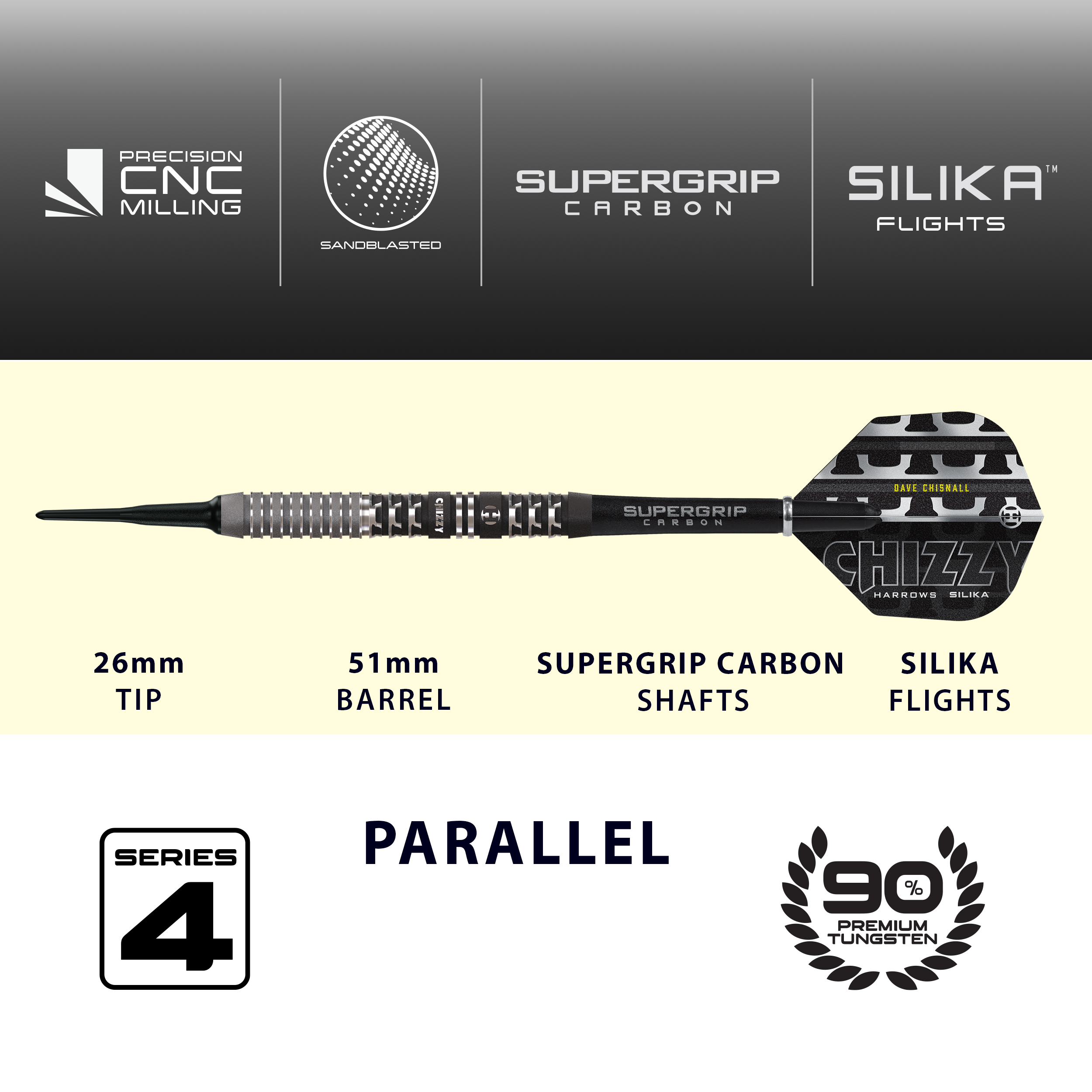 Harrow's Dave Chisnall Chizzy Series 4 zachte darts Das Produkt ist die Harrows Dave Chisnall Chizzy Series 4 Softdarts. Es richtet sich an Spieler, die Softdarts bevorzugen.