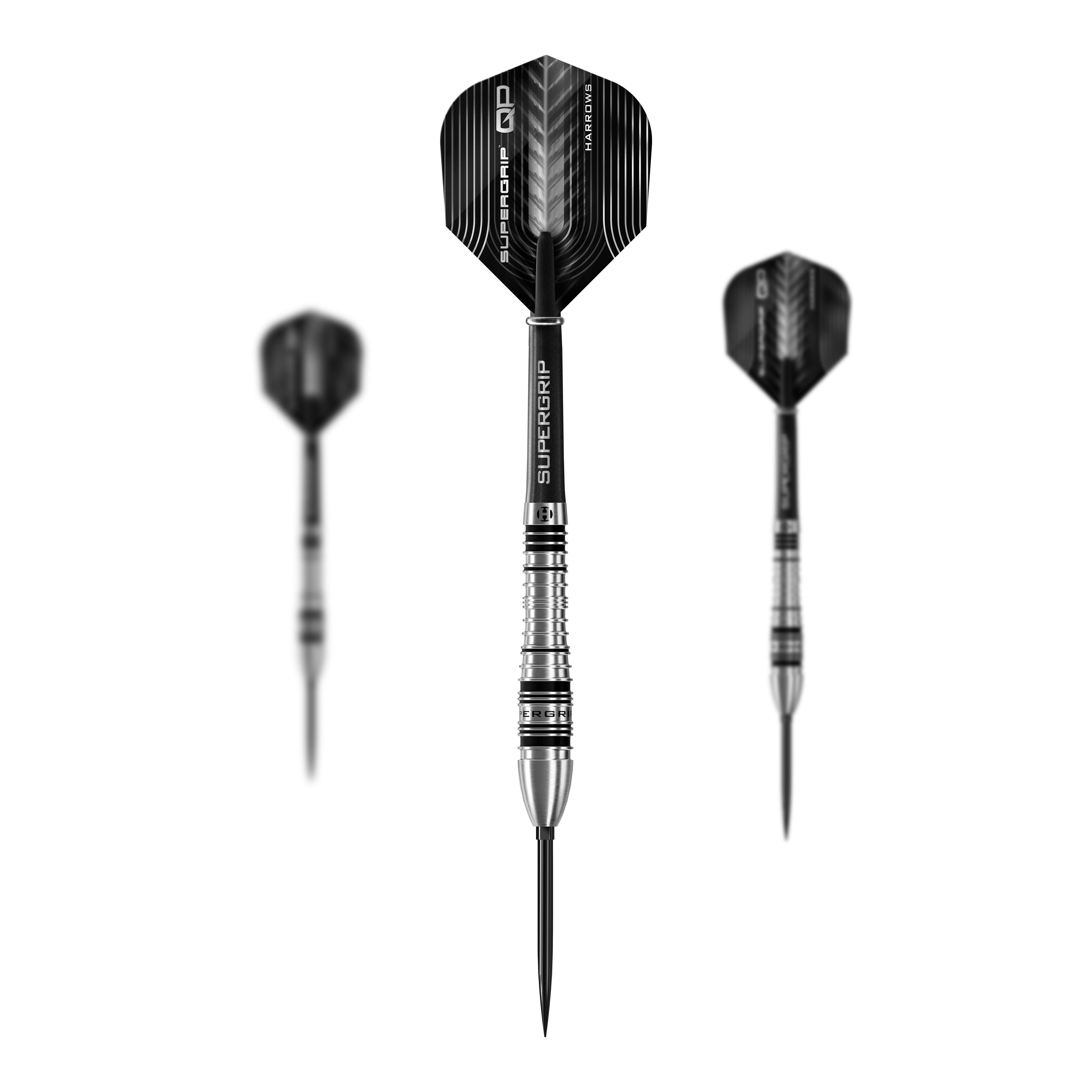 Dieses Bild präsentiert das Set der Harrows Supergrip Bomb Quick Point Steeldarts. Das Set enthält mehrere hochwertige Darts für das Spiel.